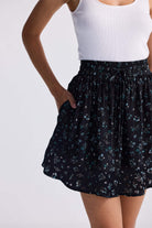 Drawstring Short Skirt in Dark Blue Florals Medium Shot