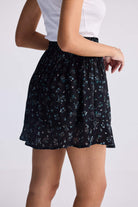 Drawstring Short Skirt in Dark Blue Florals Medium Shot