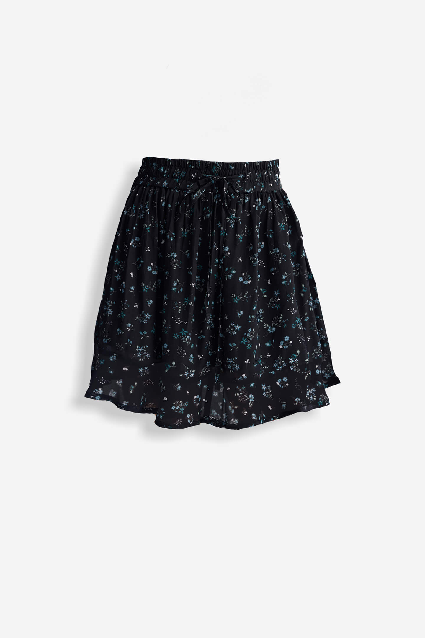 Drawstring Short Skirt in Dark Blue Florals Flat Lay