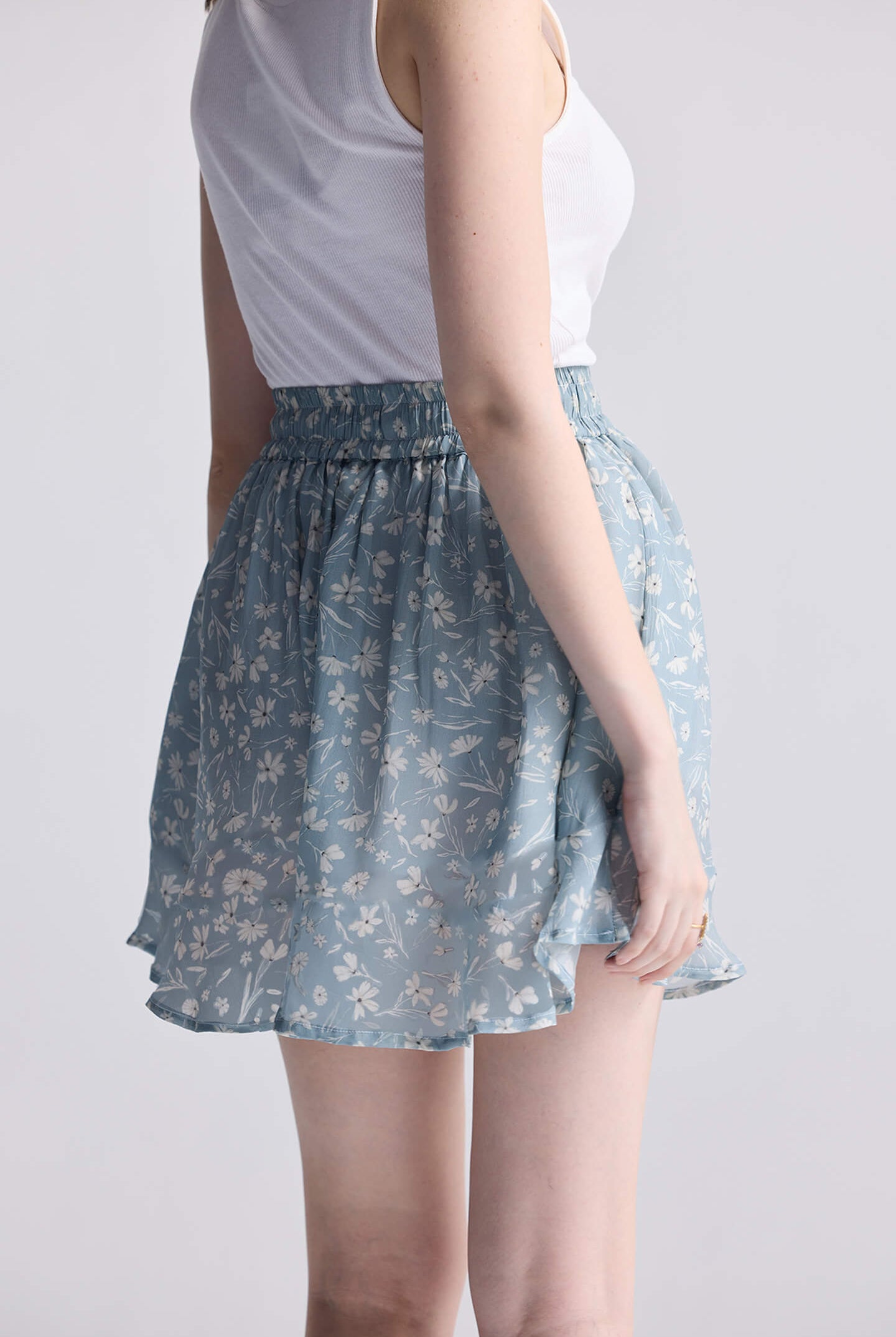 Drawstring Short Skirt in Light Blue Florals Medium Shot