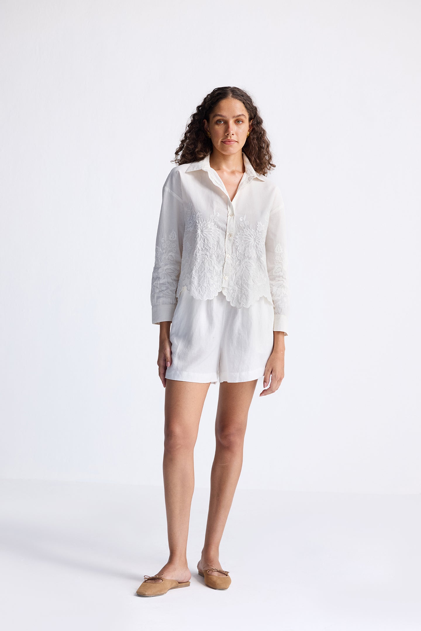 Embroidered Button-up Shirt in White Long Shot