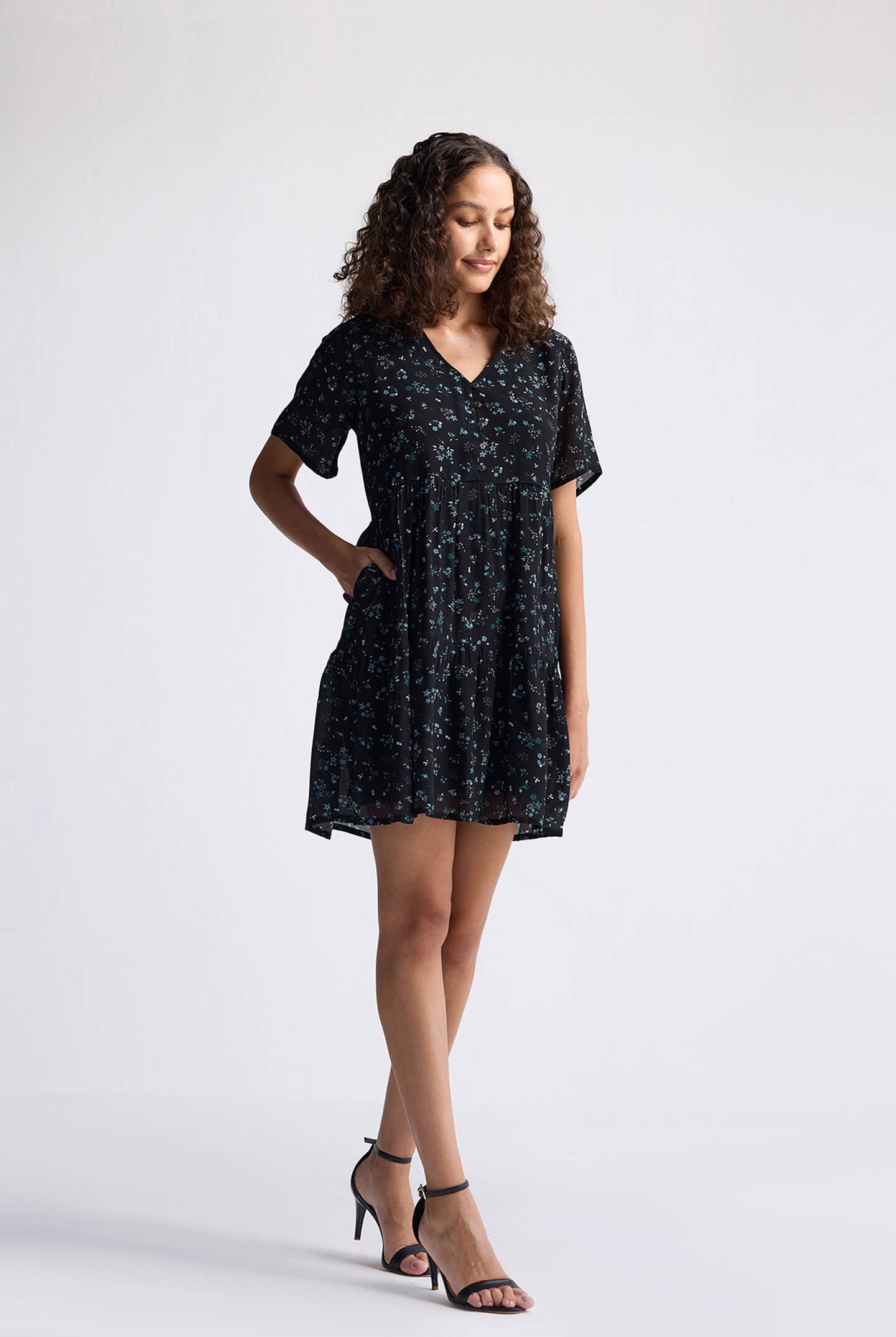 Floral Short Tiered Dress in Dark Blue Long Shot