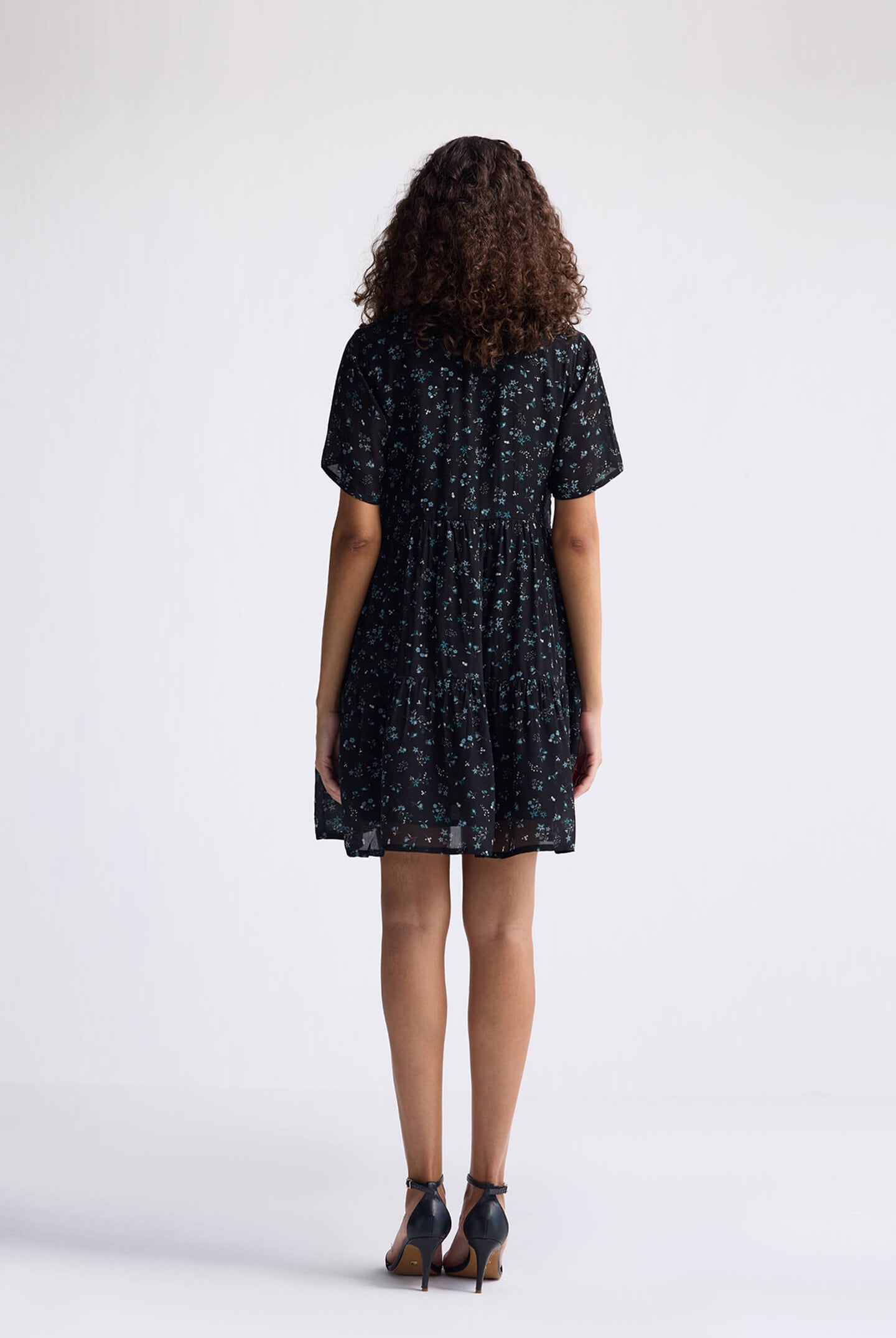 Floral Short Tiered Dress in Dark Blue Long Shot