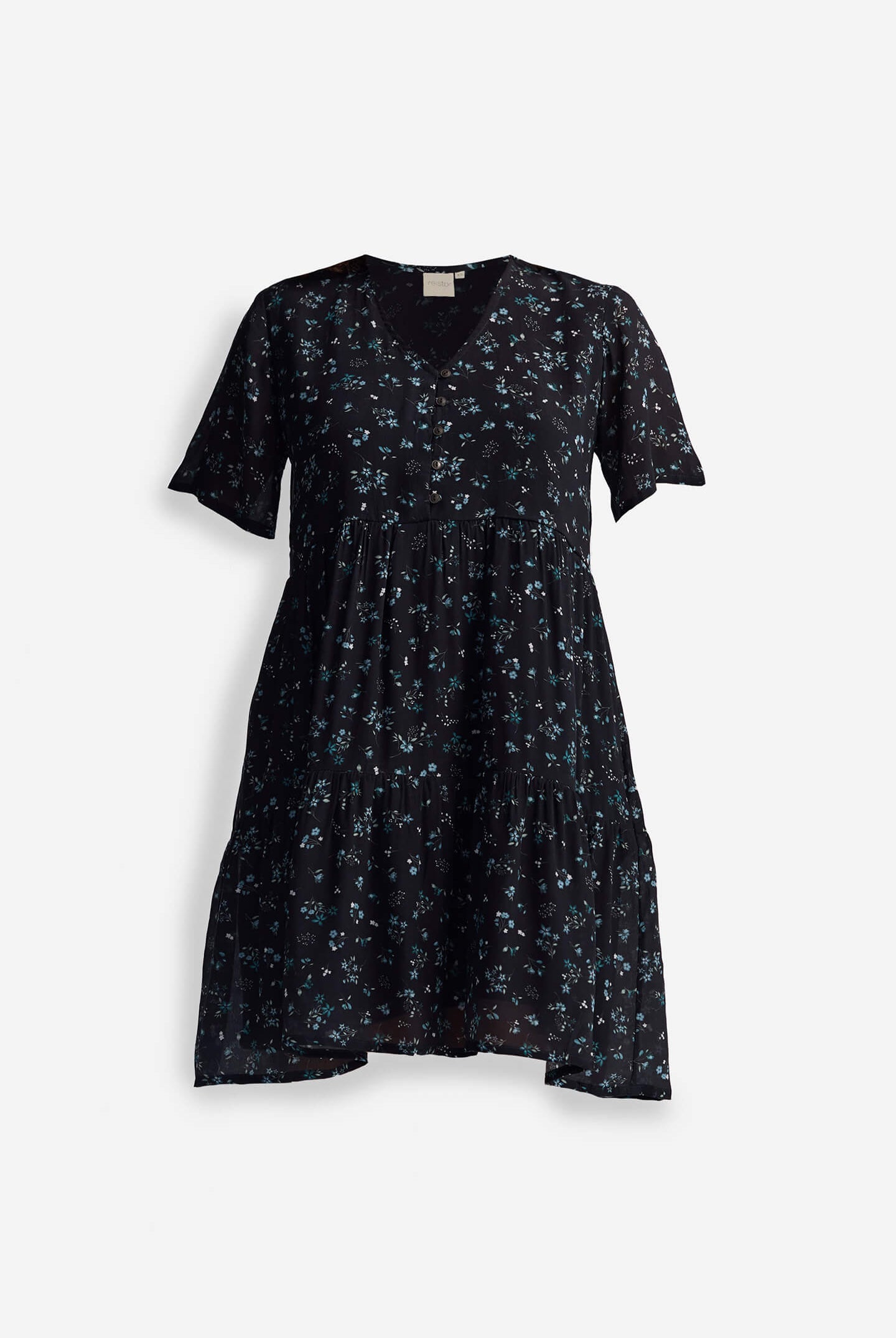 Floral Short Tiered Dress in Dark Blue Flat Lay