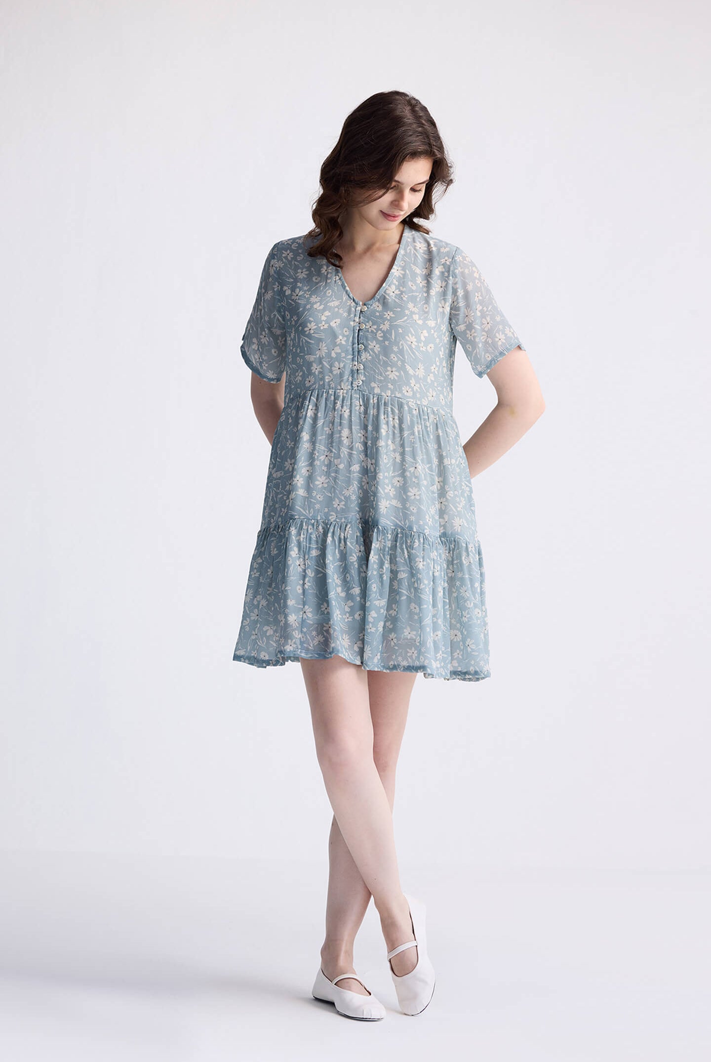 Floral Short Tiered dress in Light Blue Long Shot
