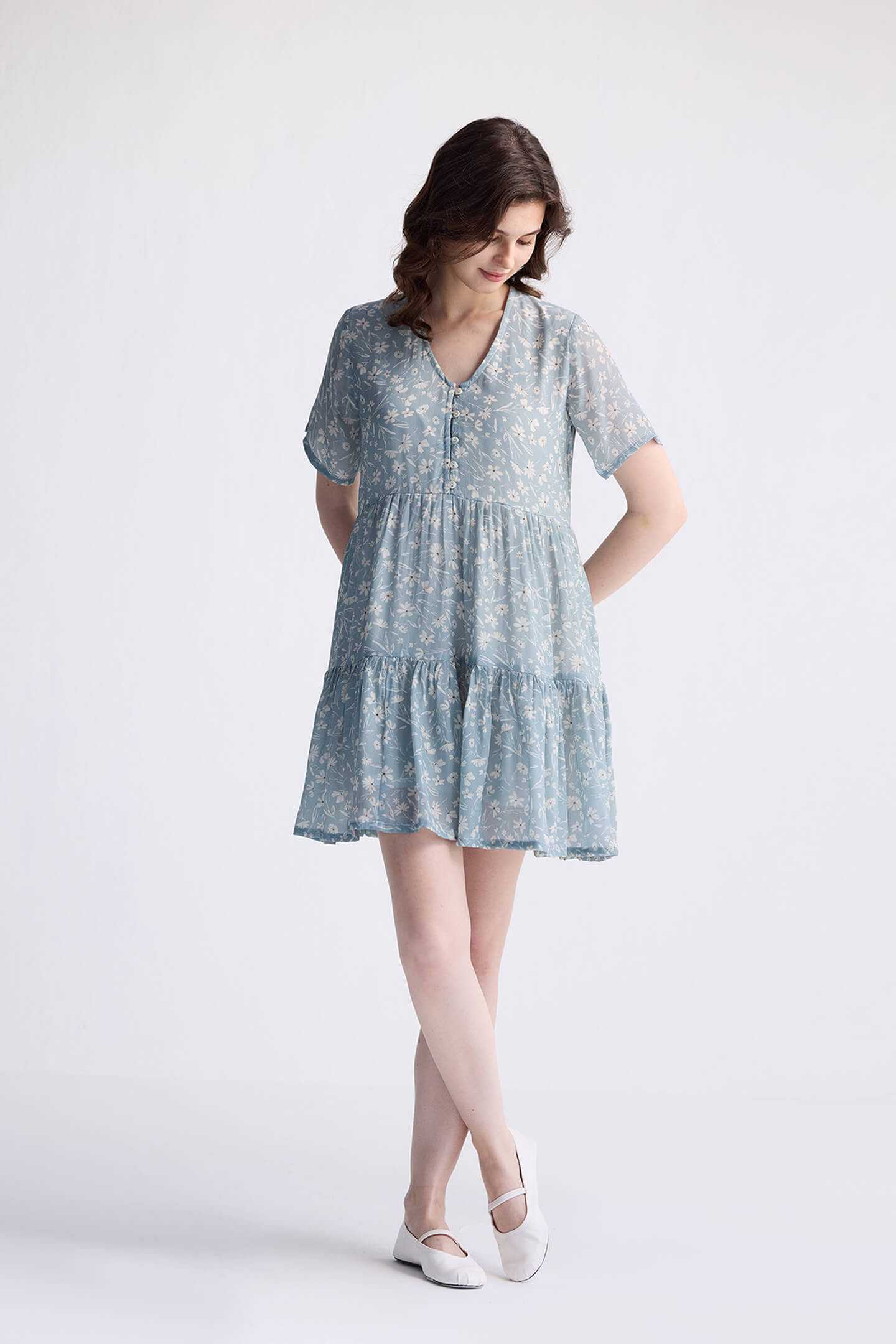 Floral Short Tiered dress in Light Blue Long Shot
