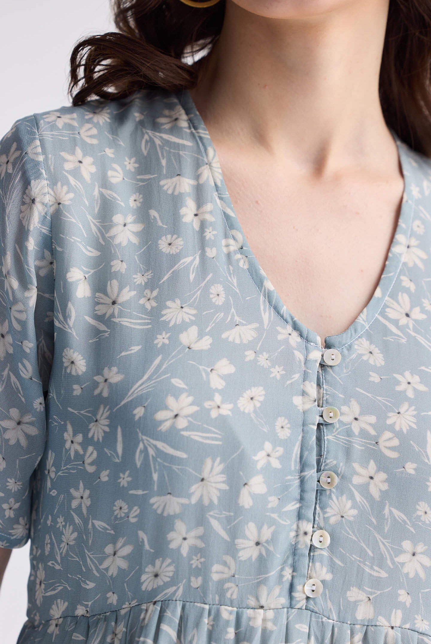 Floral Short Tiered dress in Light Blue Closeup