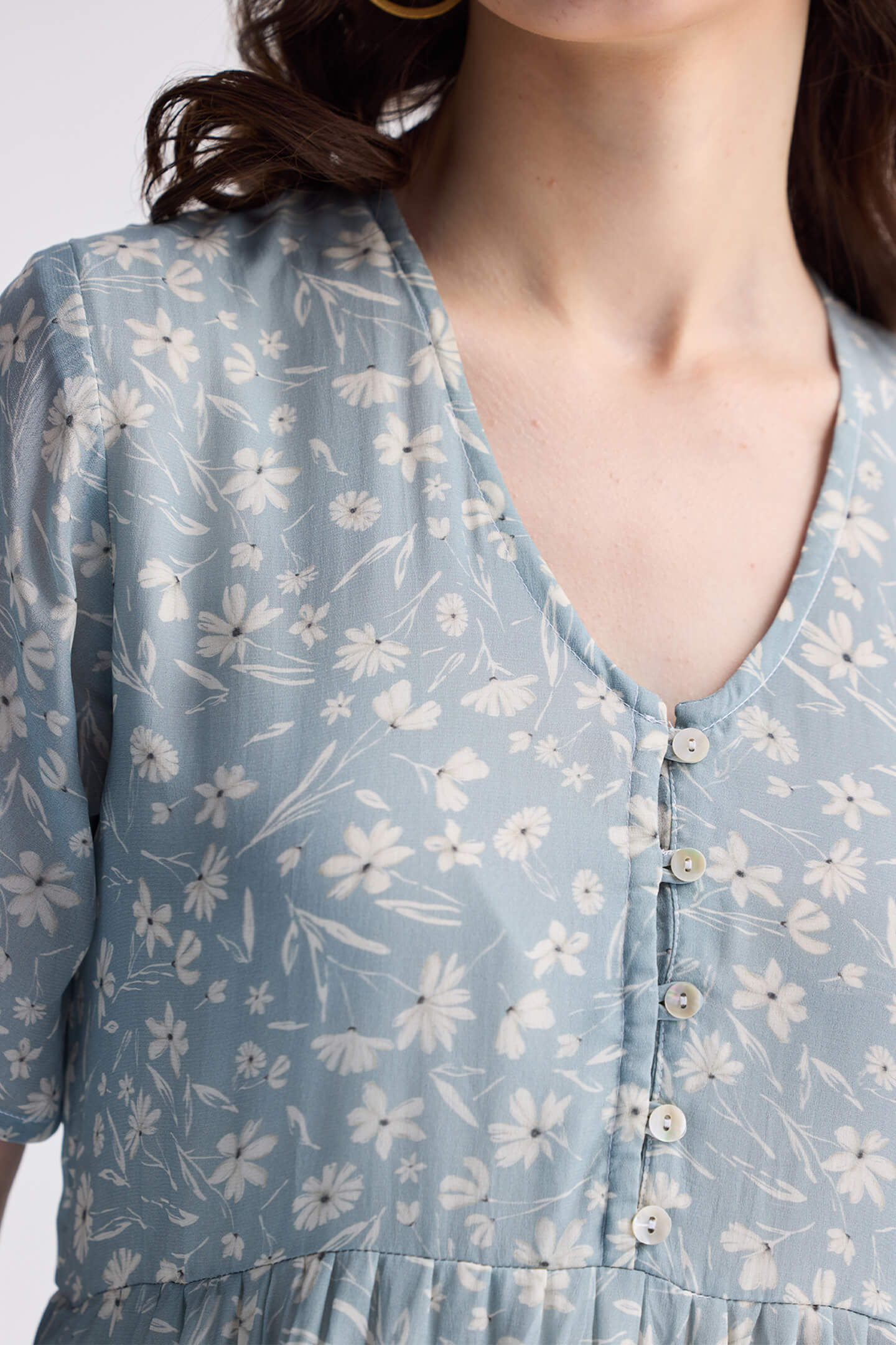 Floral Short Tiered dress in Light Blue Closeup