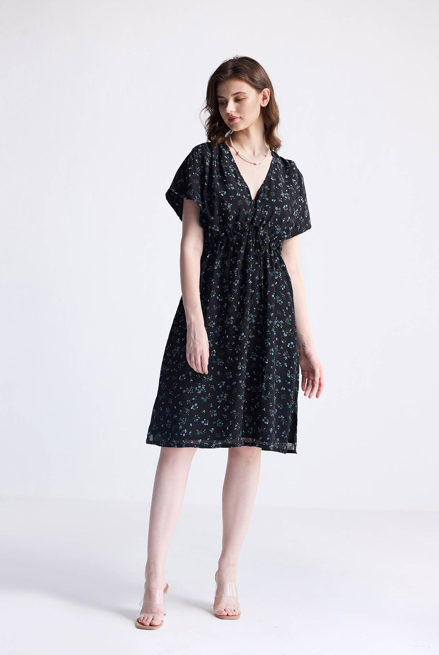 Gathered Knee-length Dress in Dark Blue Florals Long Shot