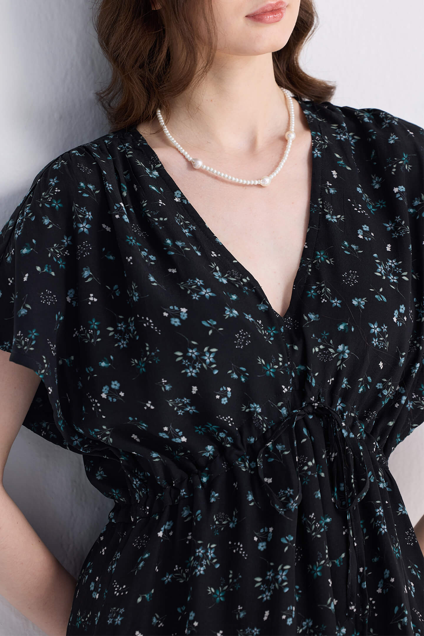 Gathered Knee-length Dress in Dark Blue Florals Closeup