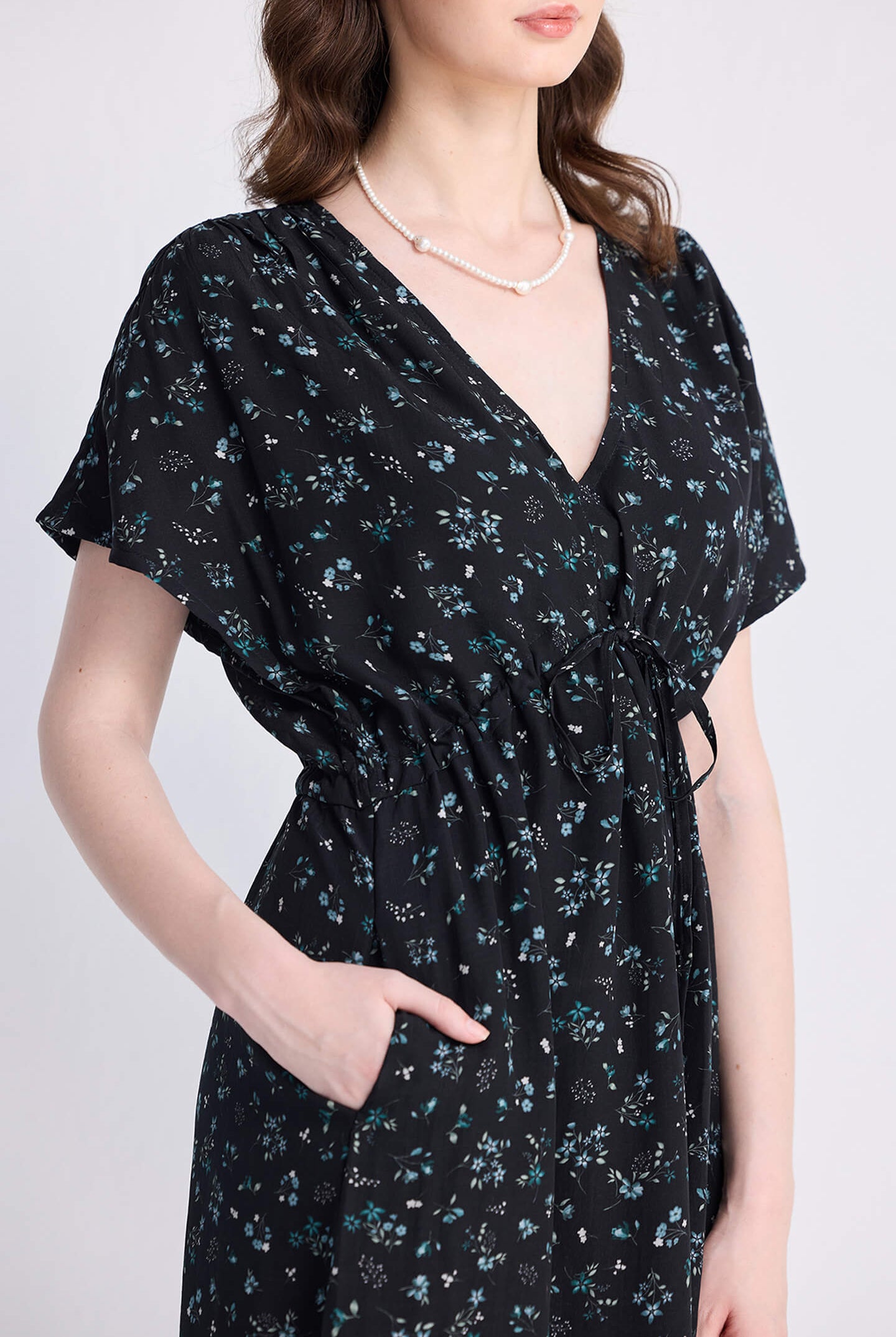 Gathered Knee-length Dress in Dark Blue Florals Closeup