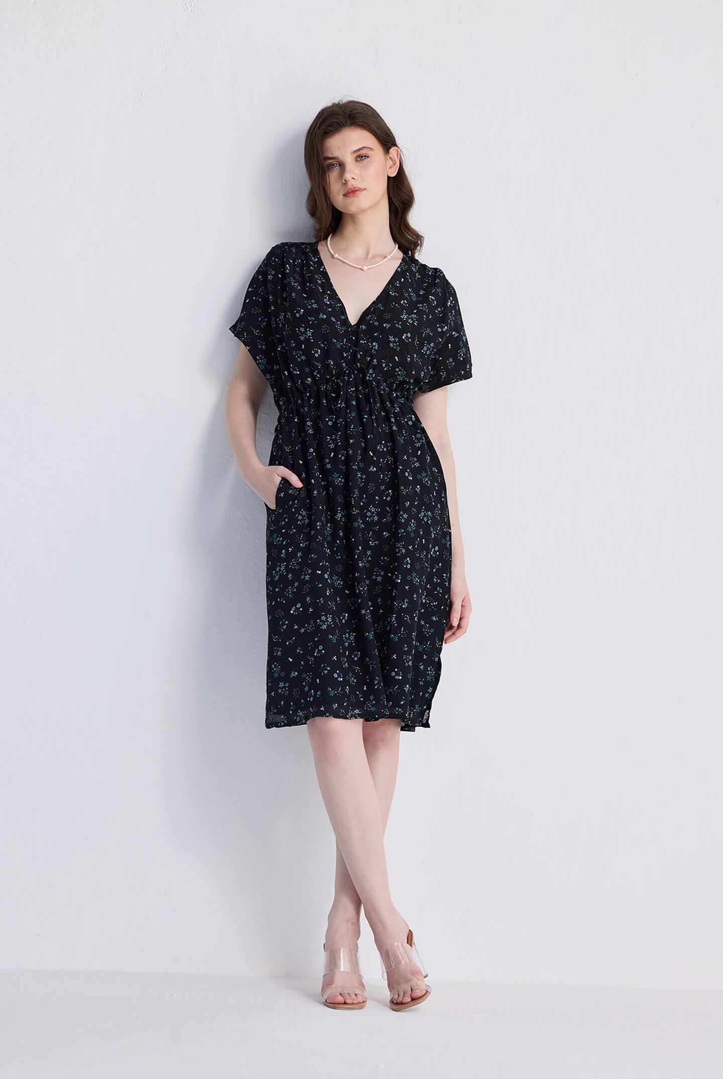 Gathered Knee-length Dress in Dark Blue Florals Long Shot