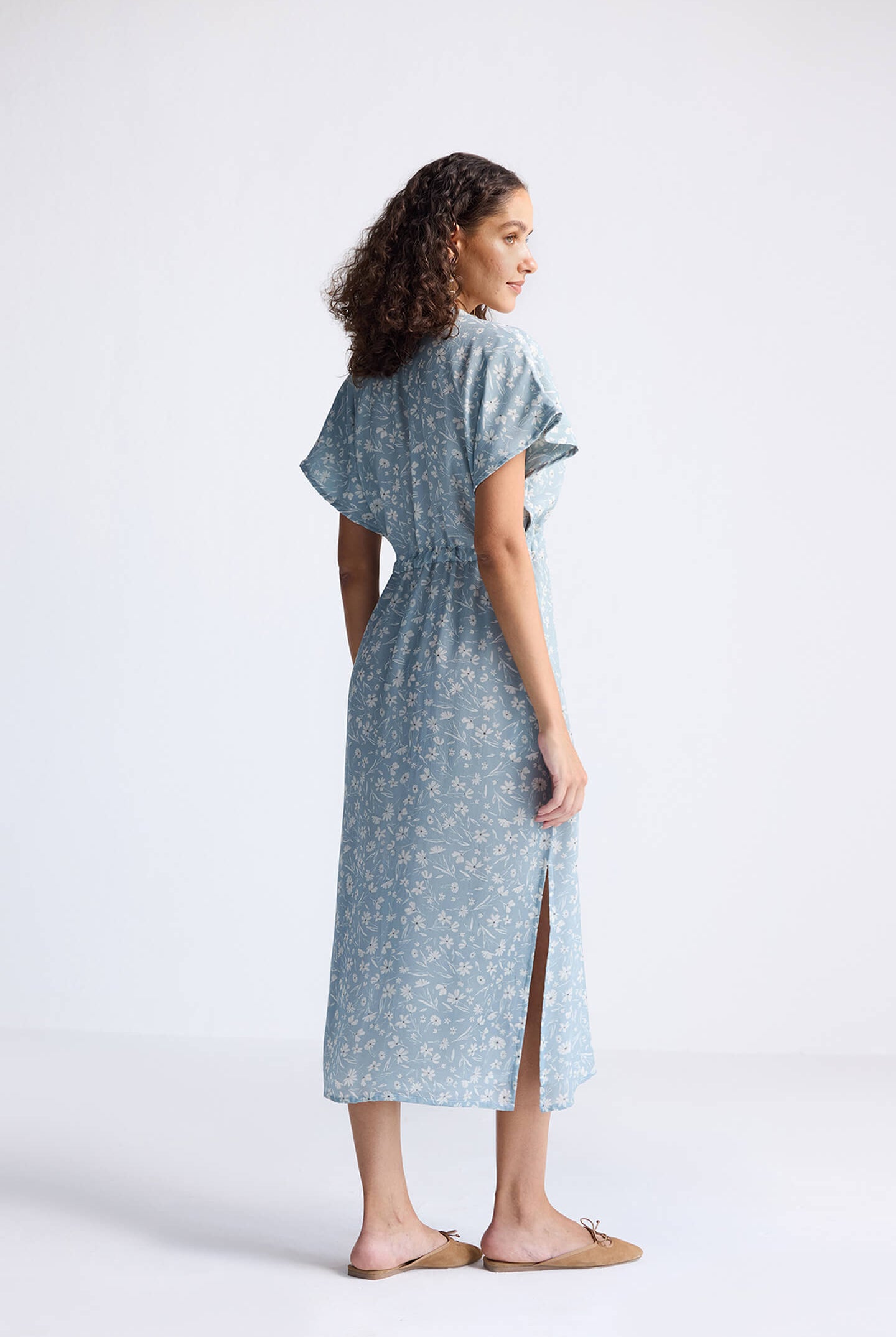 Gathered Maxi Dress in Light Blue Florals Long Shot