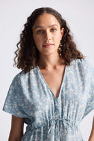 Gathered Maxi Dress in Light Blue Florals Closeup