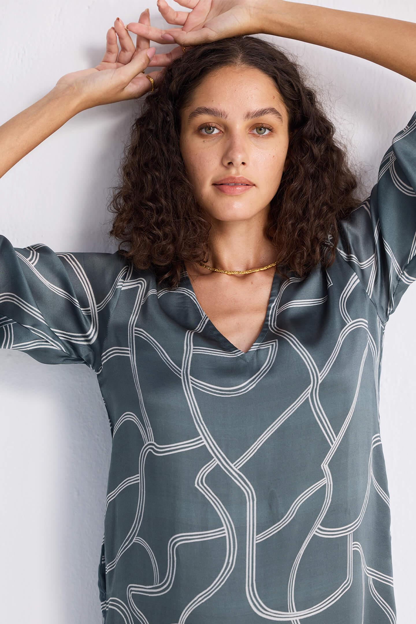 Maxi Dress with Side Slits in Abstract Stripes Closeup