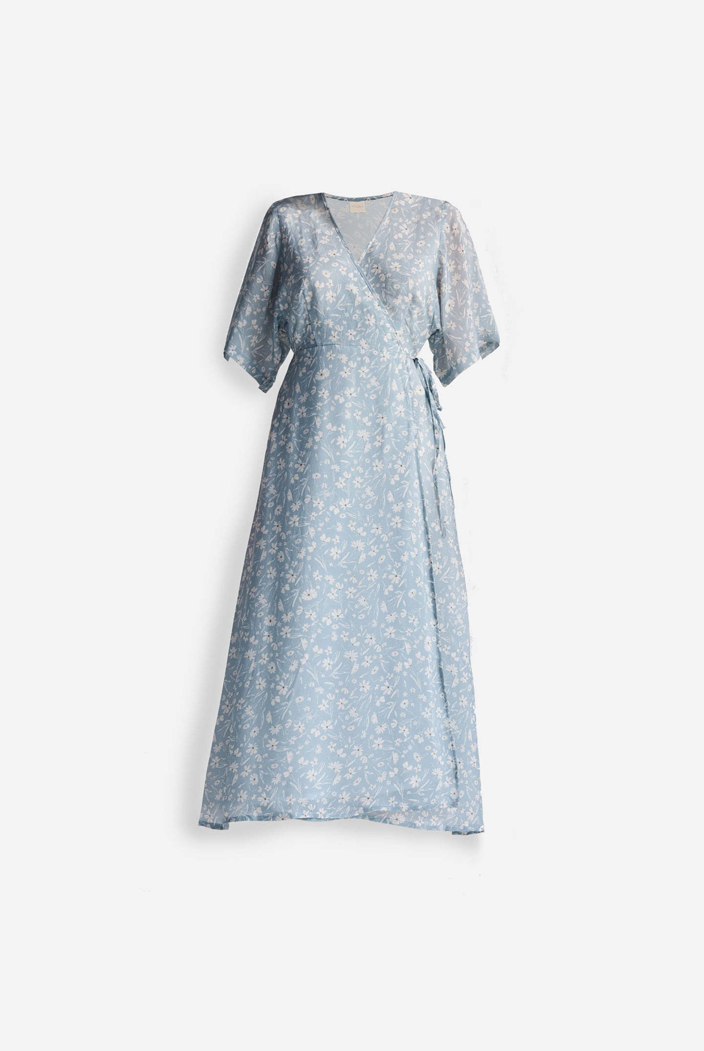 Maxi Wrap Dress in Light Blue Florals Flat Lay