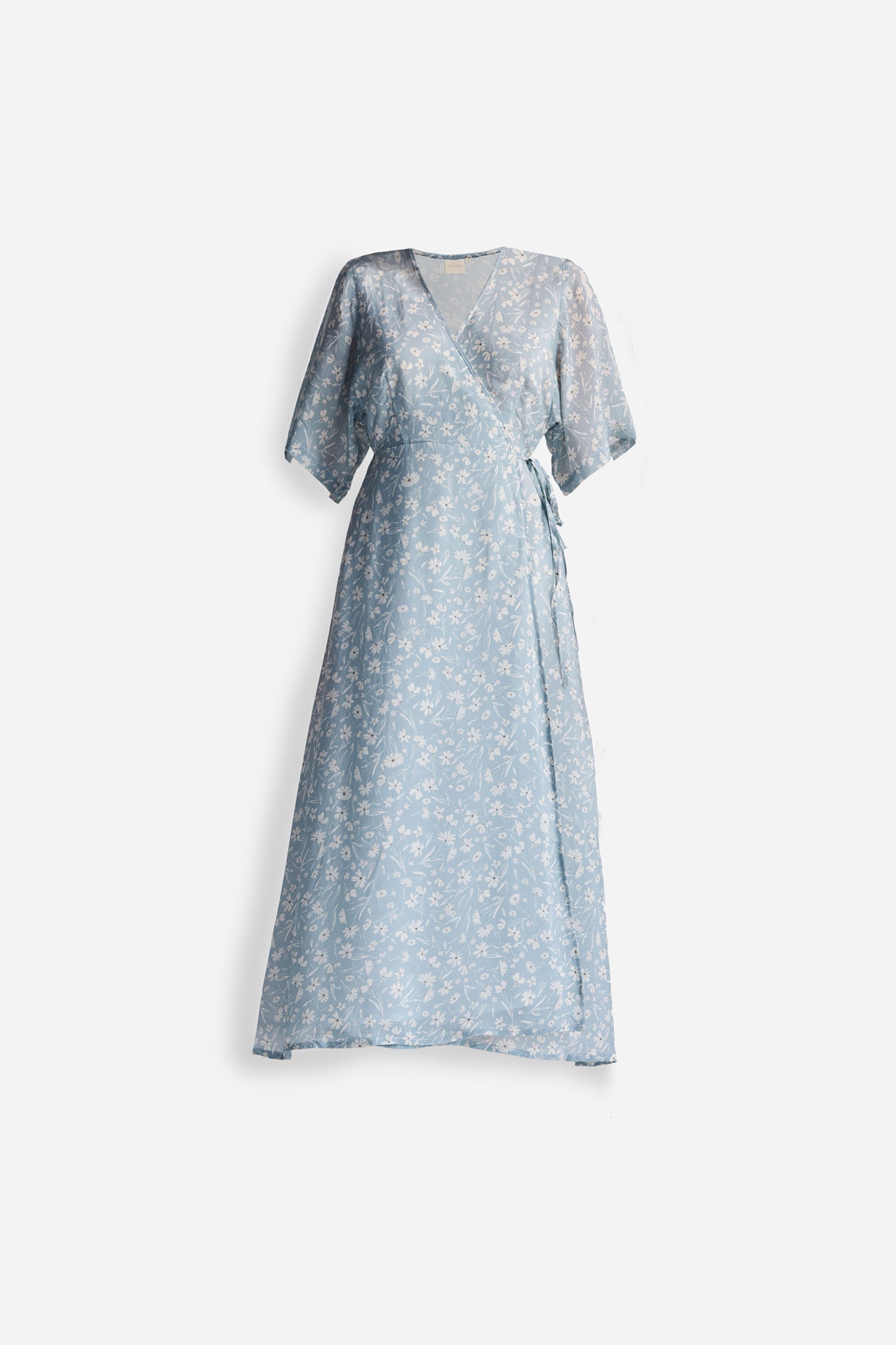 Maxi Wrap Dress in Light Blue Florals Flat Lay