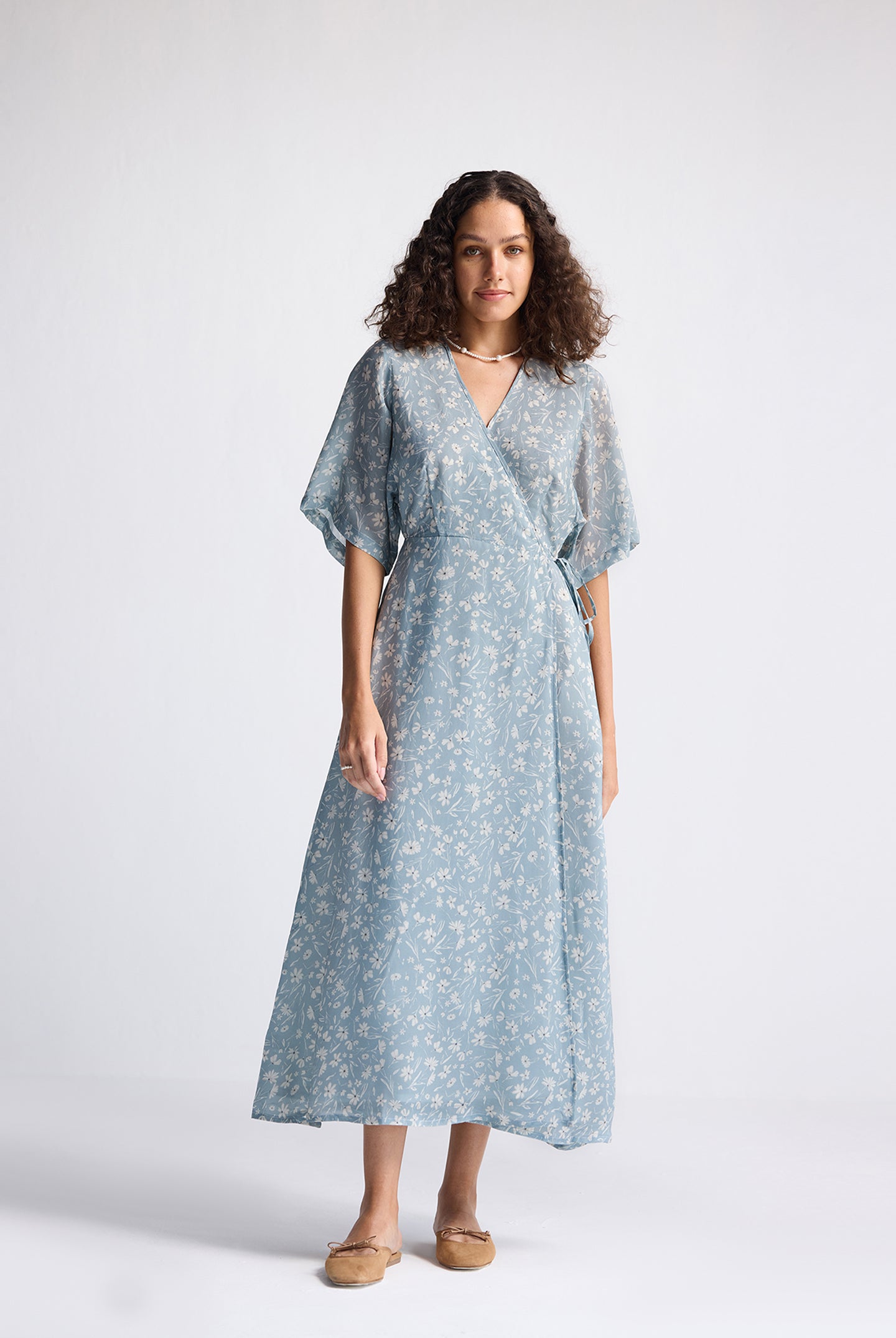 Maxi Wrap Dress in Light Blue Florals Long Shot