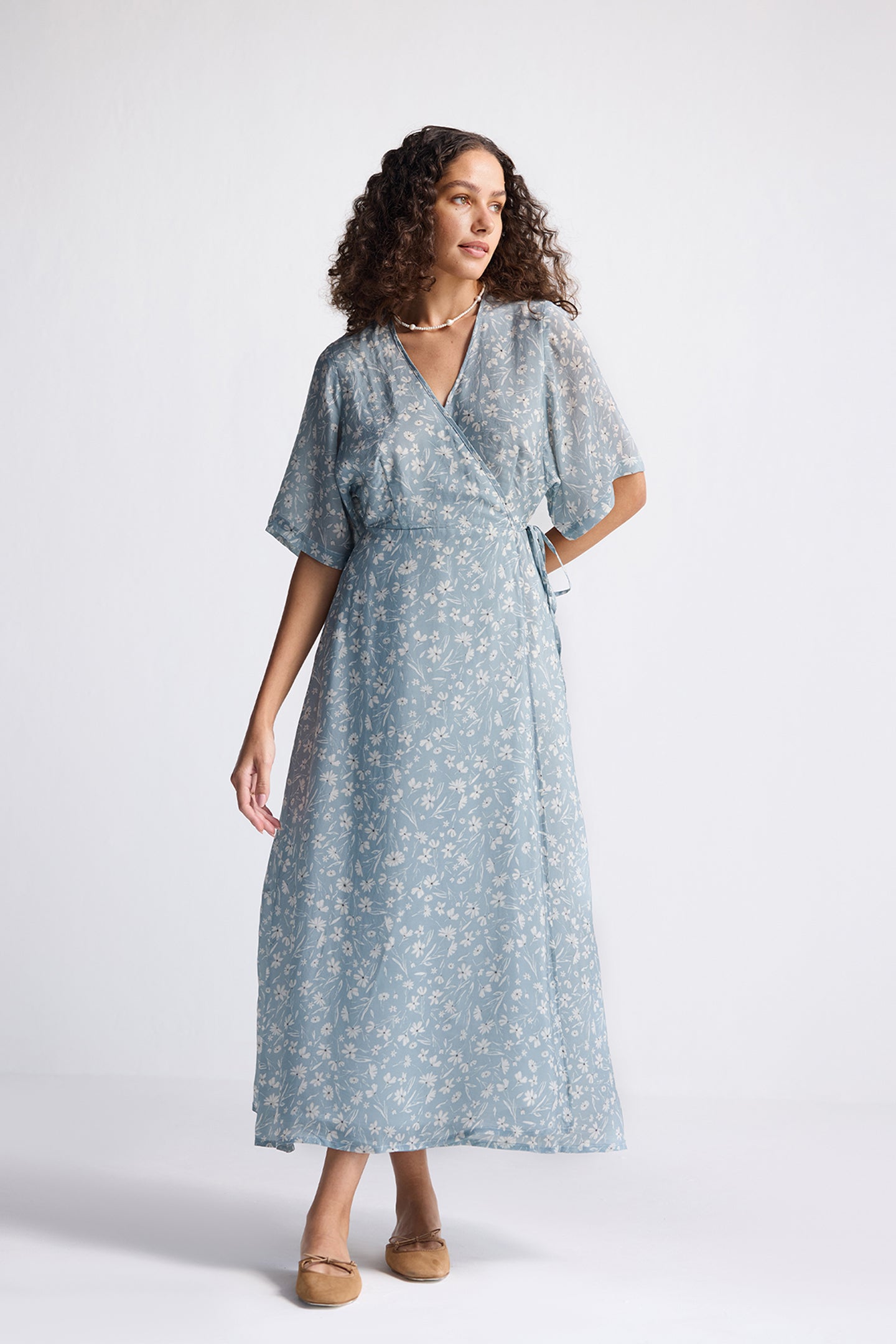 Maxi Wrap Dress in Light Blue Florals Long Shot