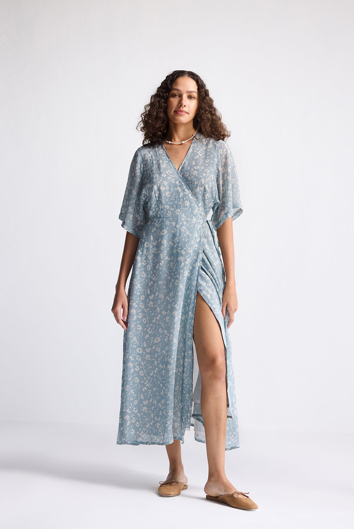 Maxi Wrap Dress in Light Blue Florals Long Shot