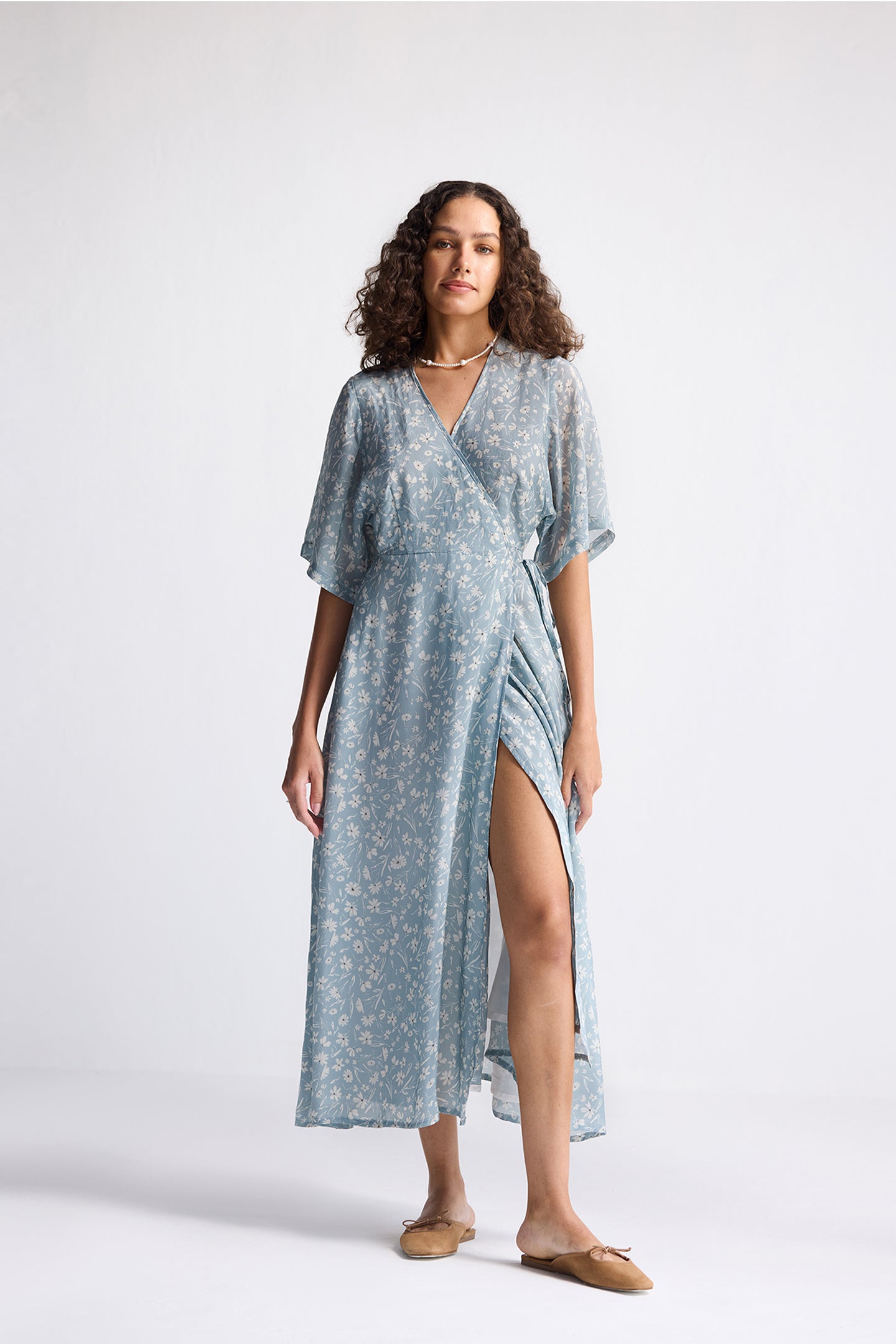 Maxi Wrap Dress in Light Blue Florals Long Shot