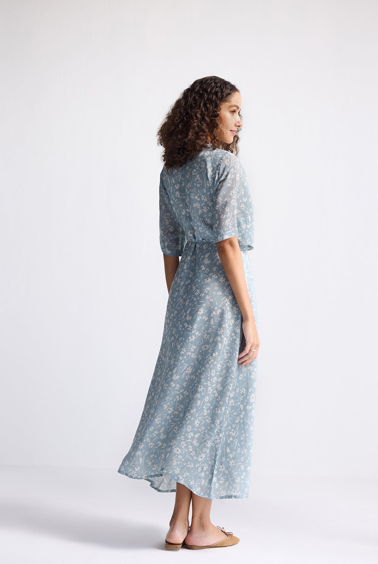 Maxi Wrap Dress in Light Blue Florals Long Shot