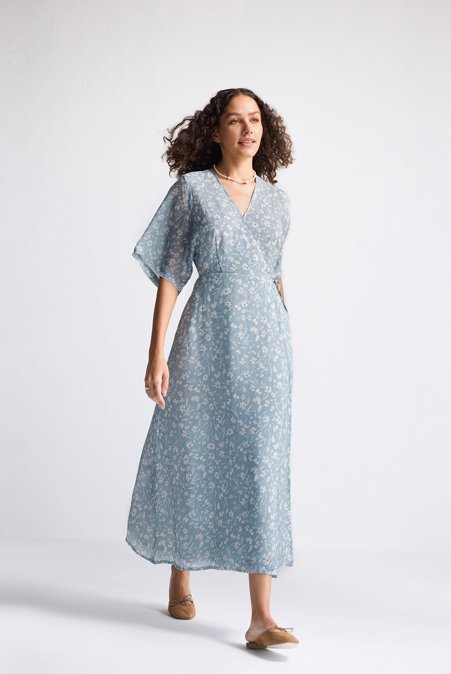Maxi Wrap Dress in Light Blue Florals Long Shot