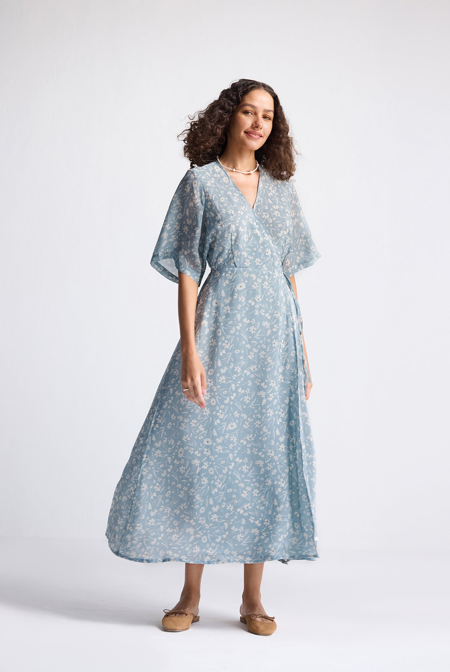 Maxi Wrap Dress in Light Blue Florals Long Shot