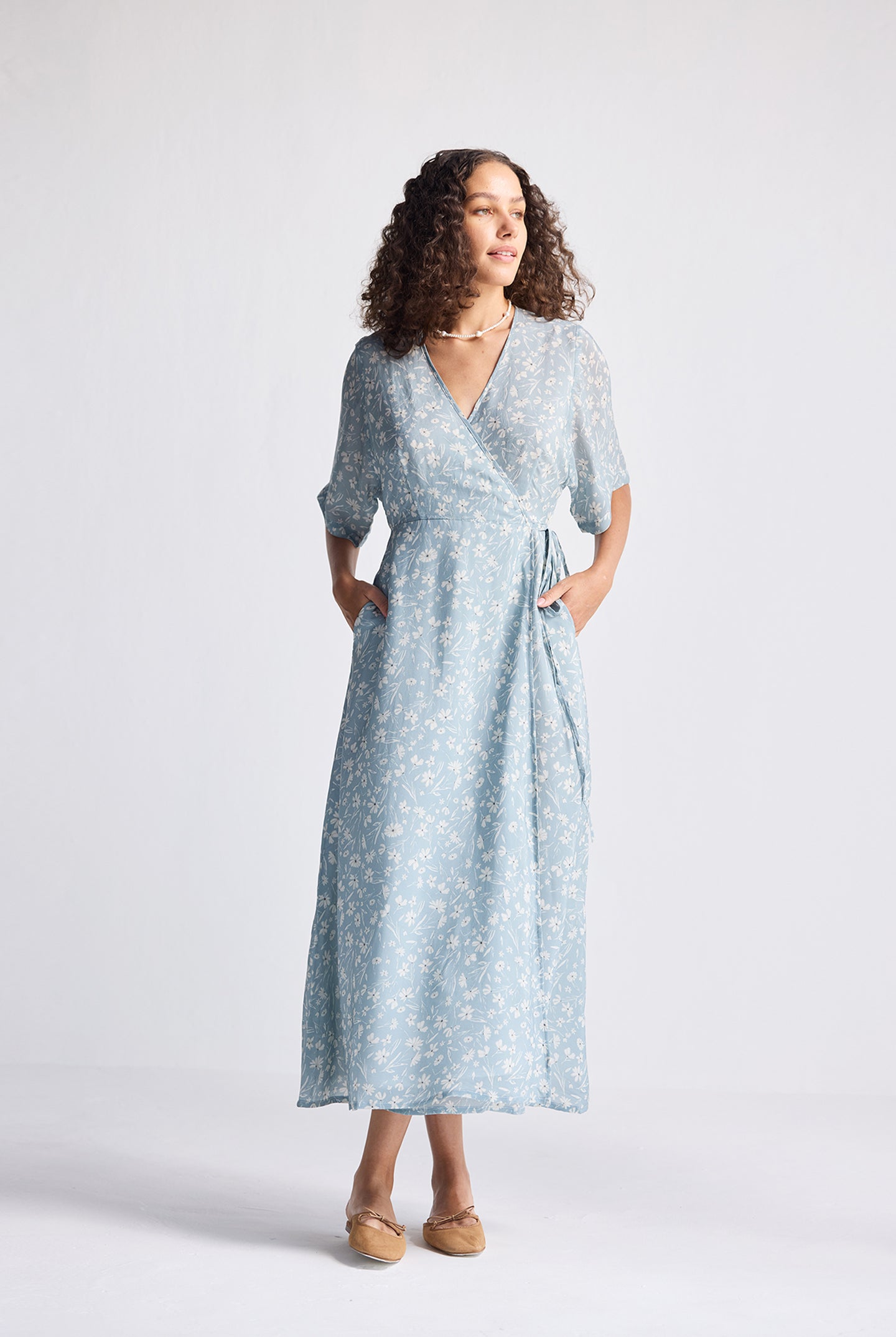 Maxi Wrap Dress in Light Blue Florals Long Shot