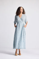 Maxi Wrap Dress in Light Blue Florals Long Shot