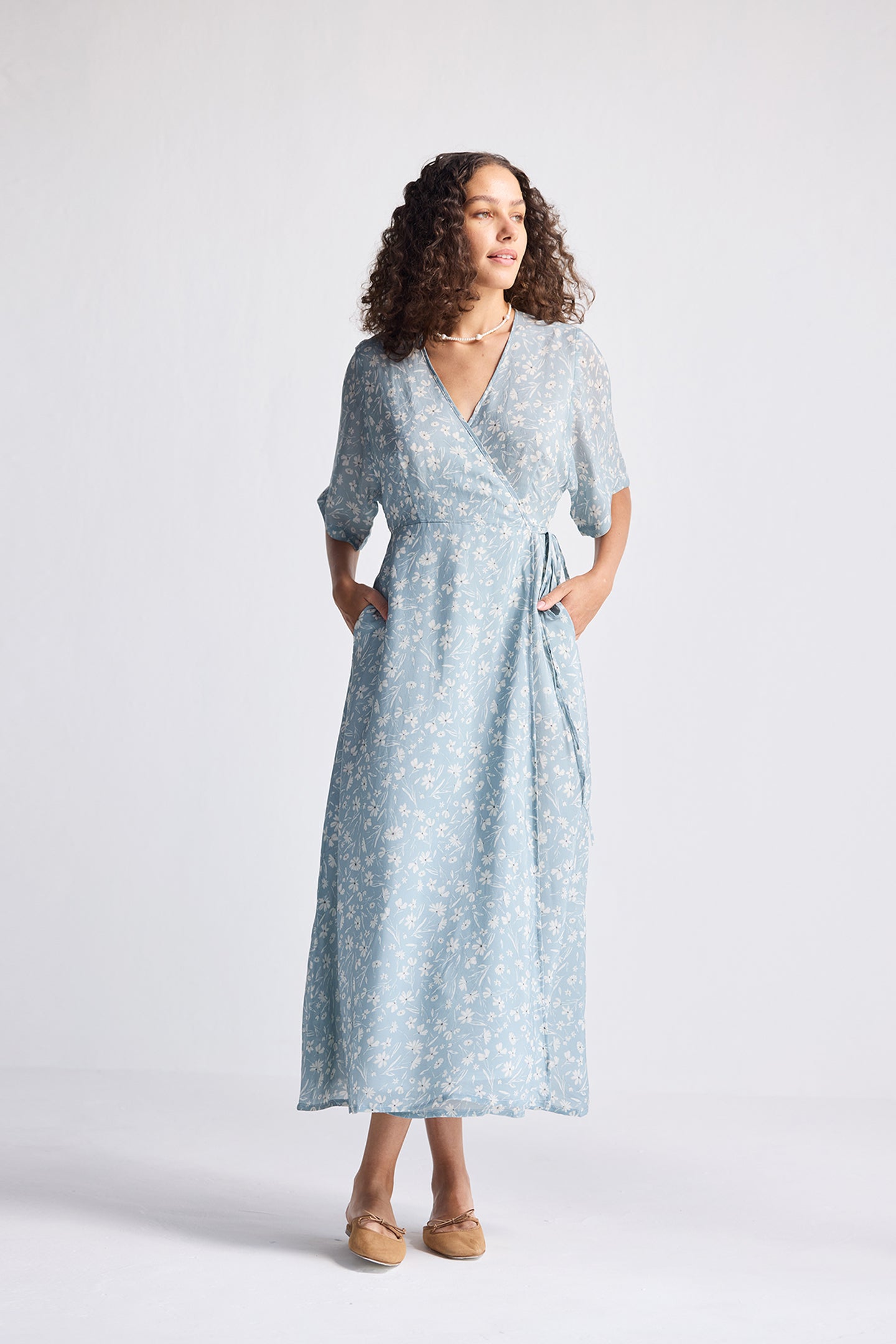 Maxi Wrap Dress in Light Blue Florals Long Shot