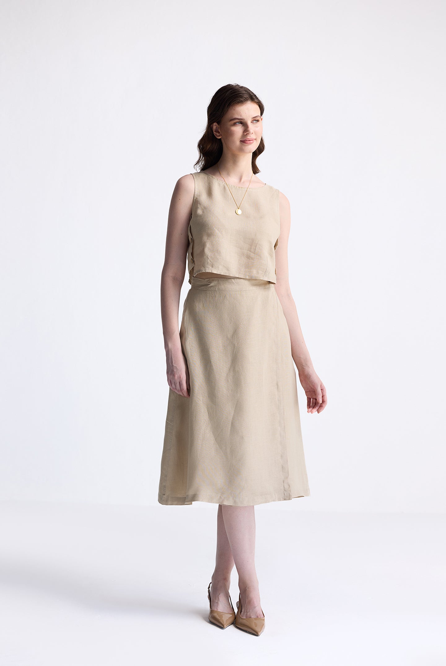 Overlap Midi Skirt in Neutral Beige Long Shot