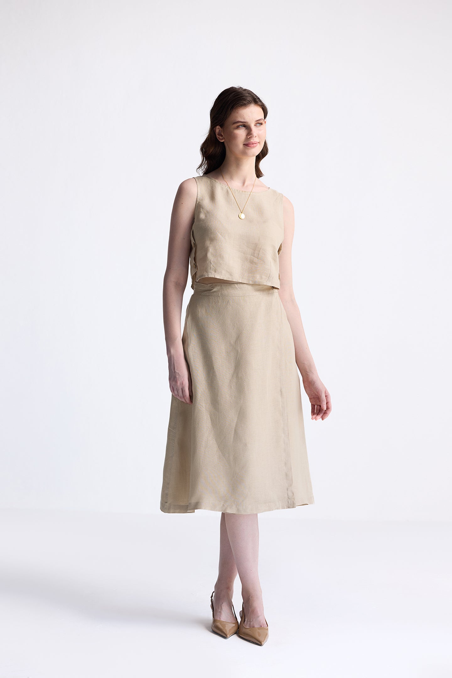 Overlap Midi Skirt in Neutral Beige Long Shot
