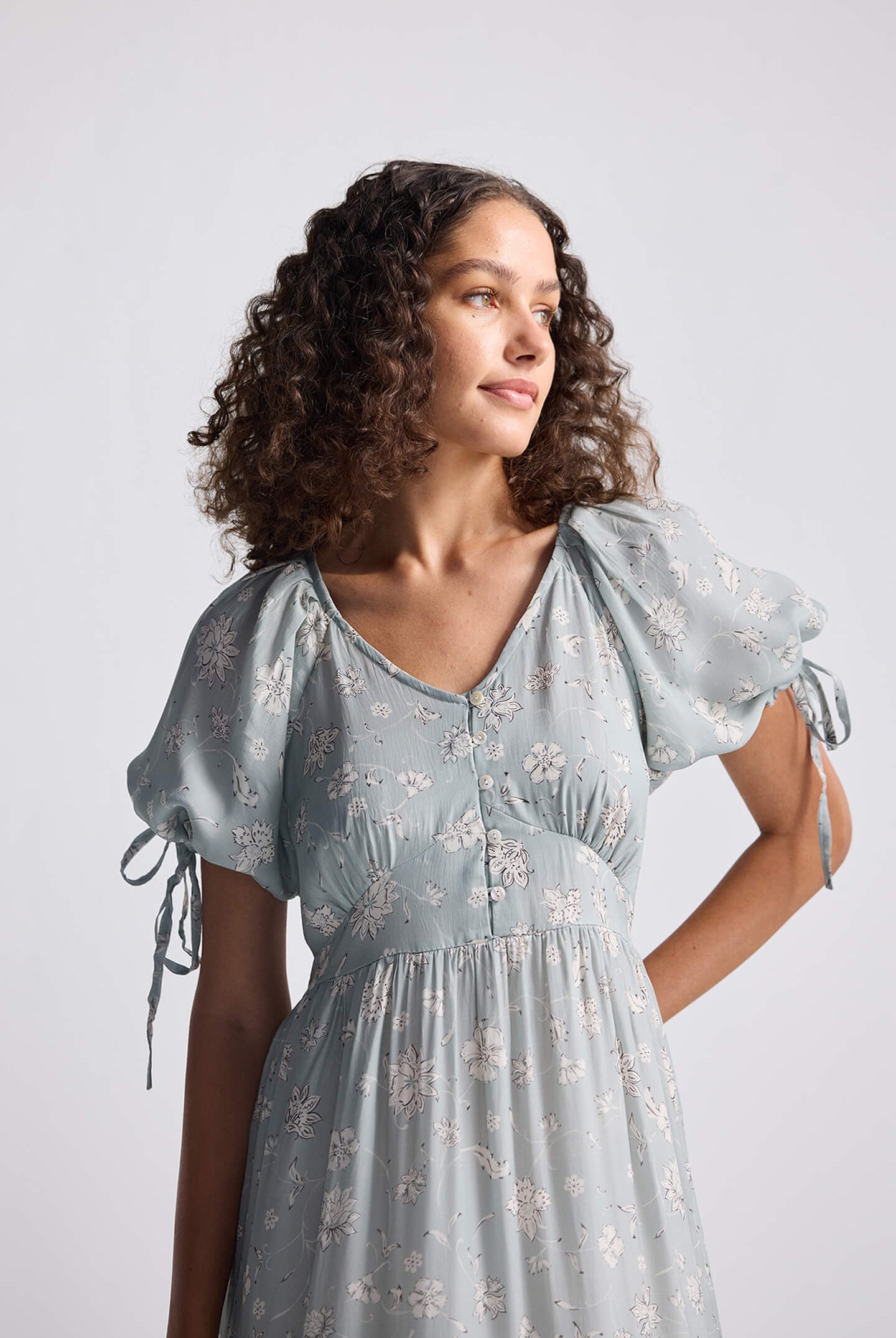 Puff Sleeve Midi Dress in Sage Green Medium Shot