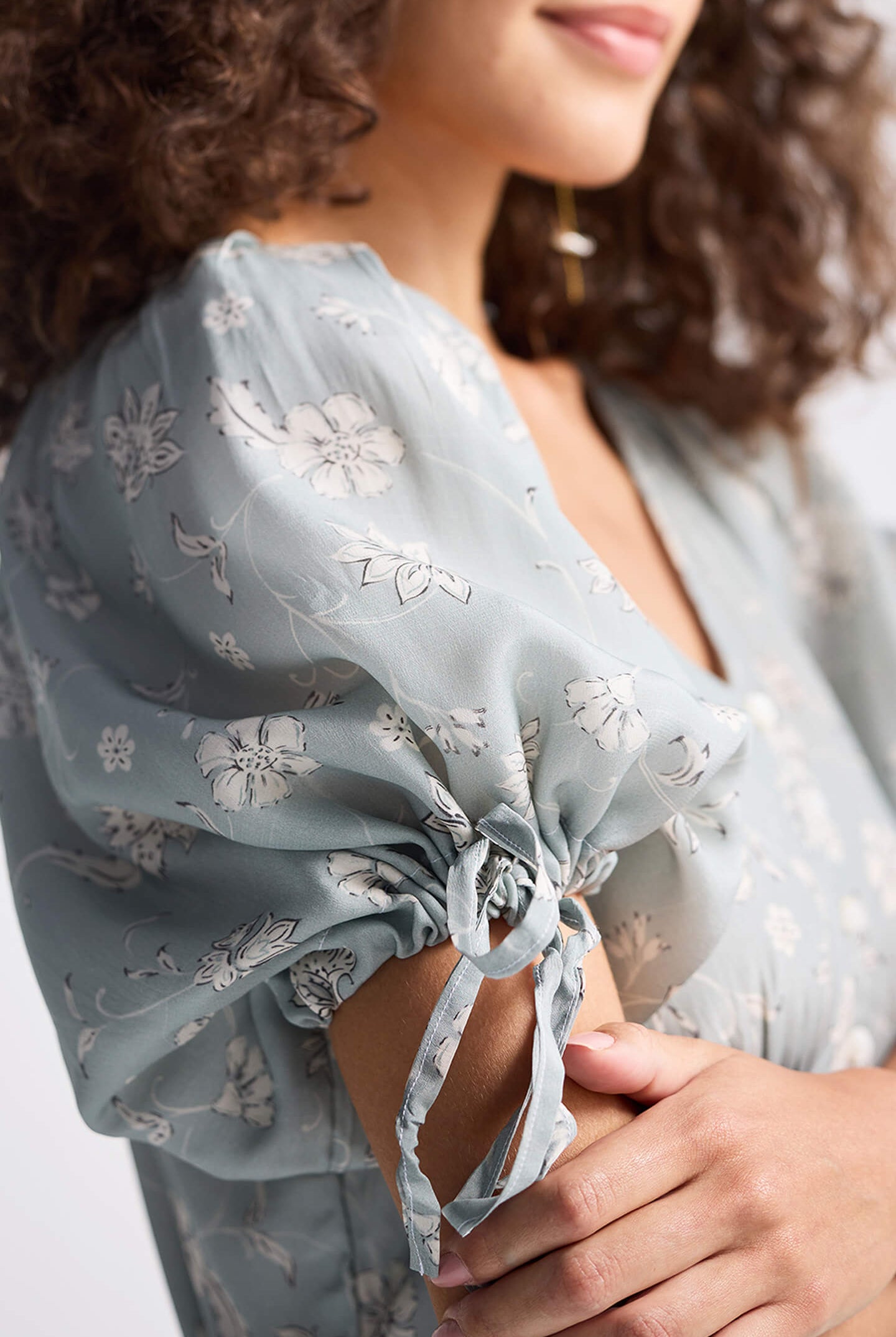 Puff Sleeve Midi Dress in Sage Green Closeup