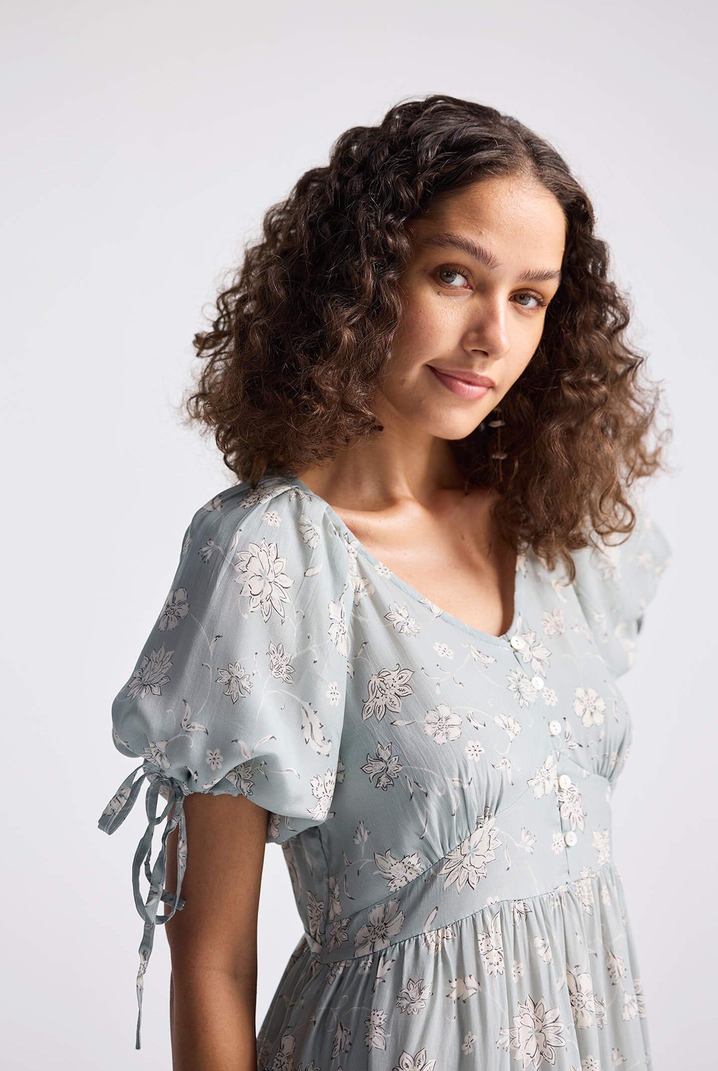 Puff Sleeve Midi Dress in Sage Green Closeup