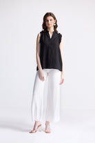 Sleeveless Hemp Top with Ruffles in Black Long Shot