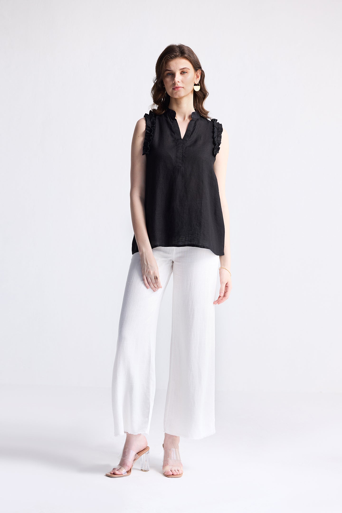 Sleeveless Hemp Top with Ruffles in Black Long Shot
