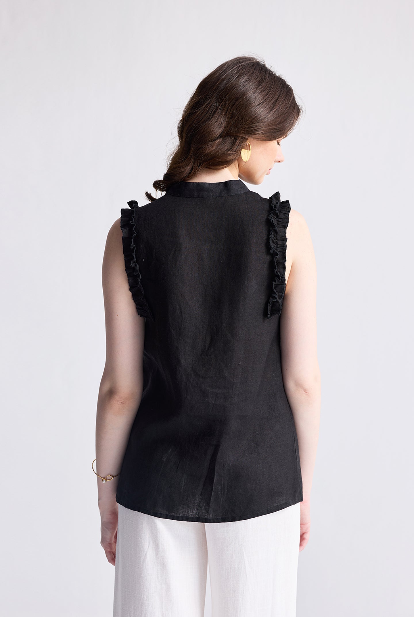 Sleeveless Hemp Top with Ruffles in Black Medium Shot