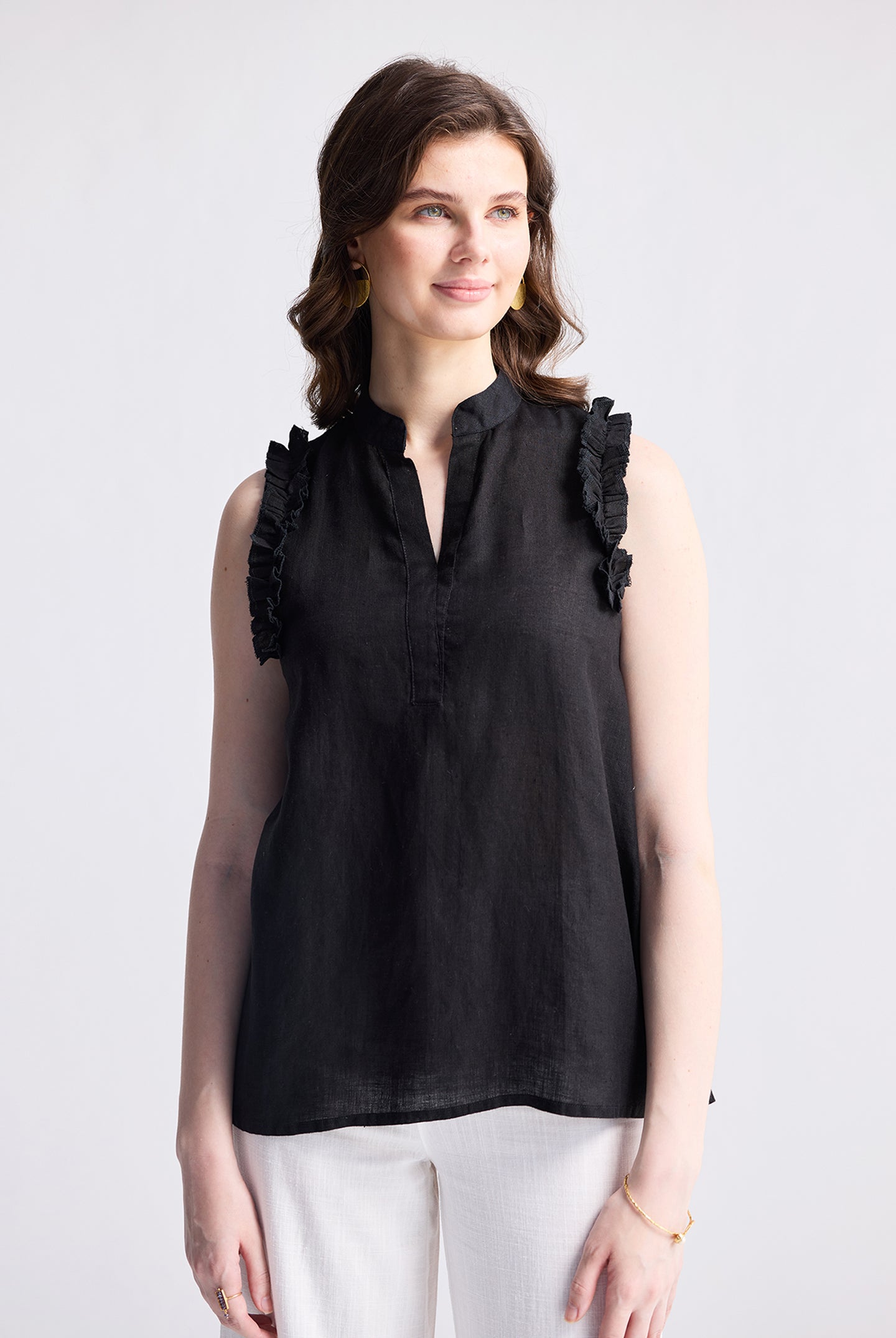 Sleeveless Hemp Top with Ruffles in Black Medium Shot