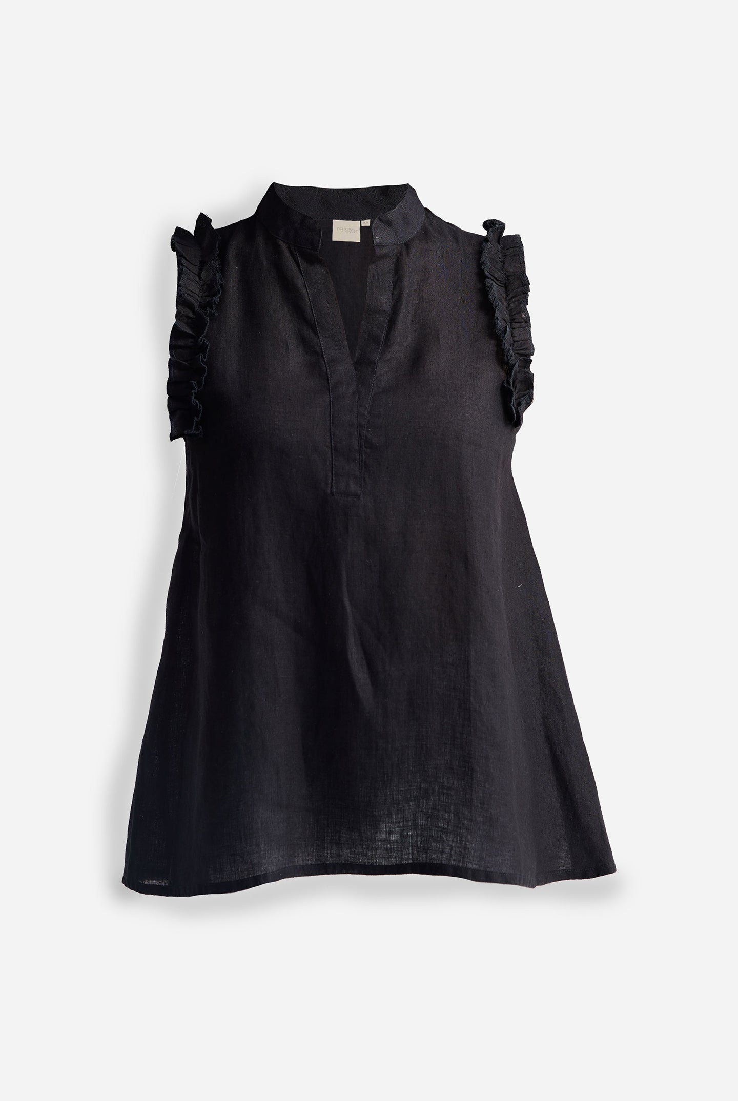 Sleeveless Hemp Top with Ruffles in Black Flat Lay