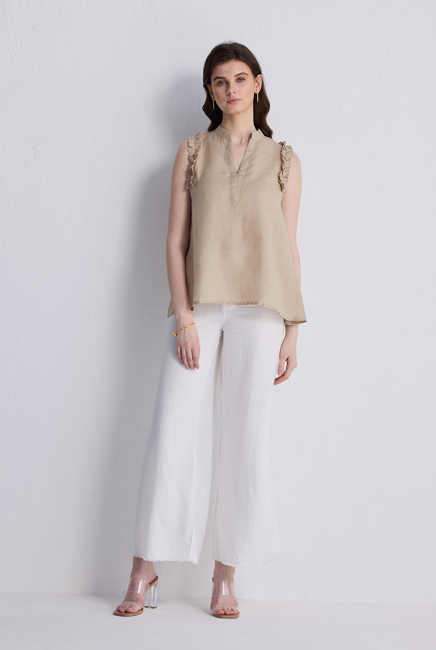 Sleeveless Hemp Top with Ruffles in Neutral Beige Long Shot