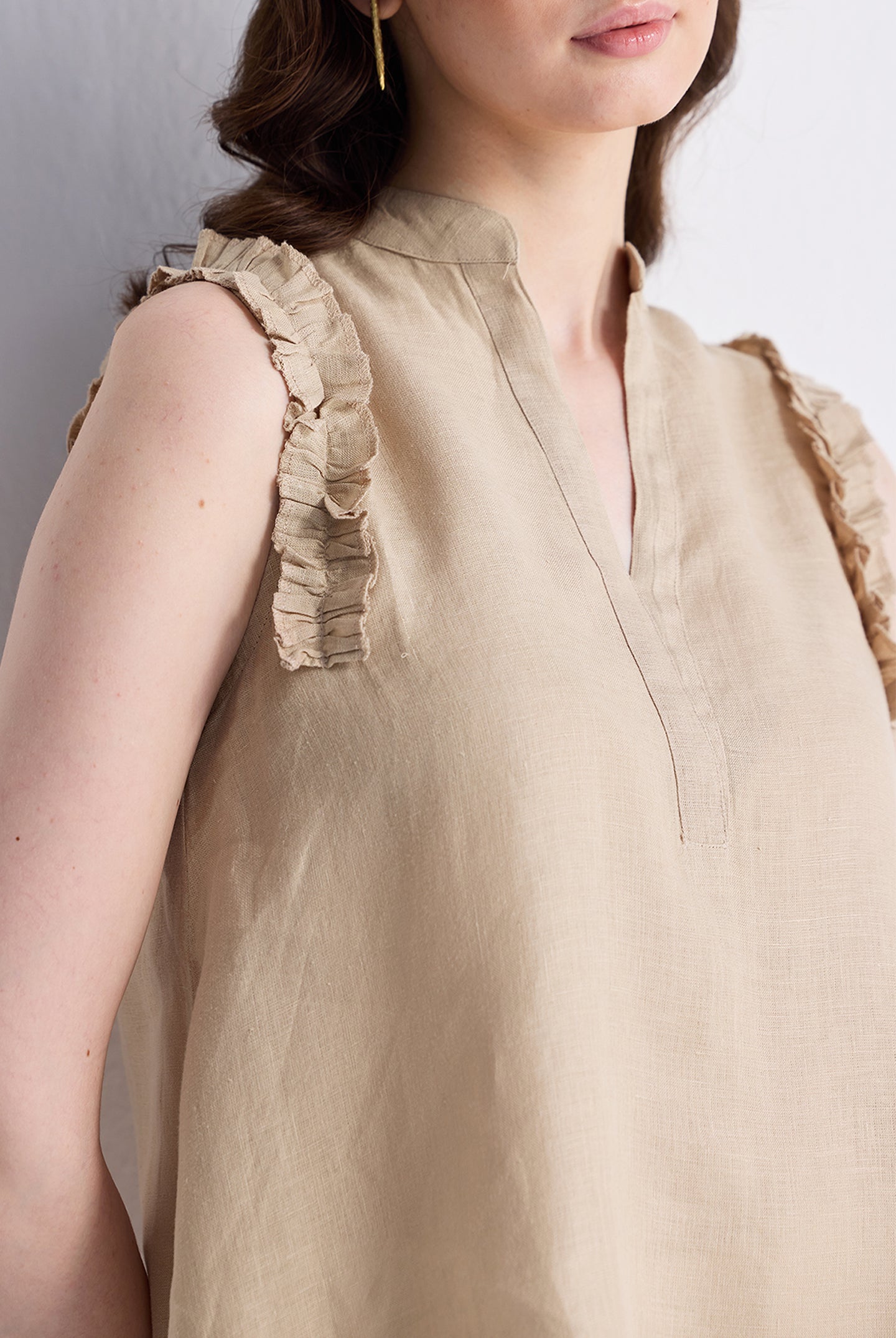 Sleeveless Hemp Top with Ruffles in Neutral Beige Closeup