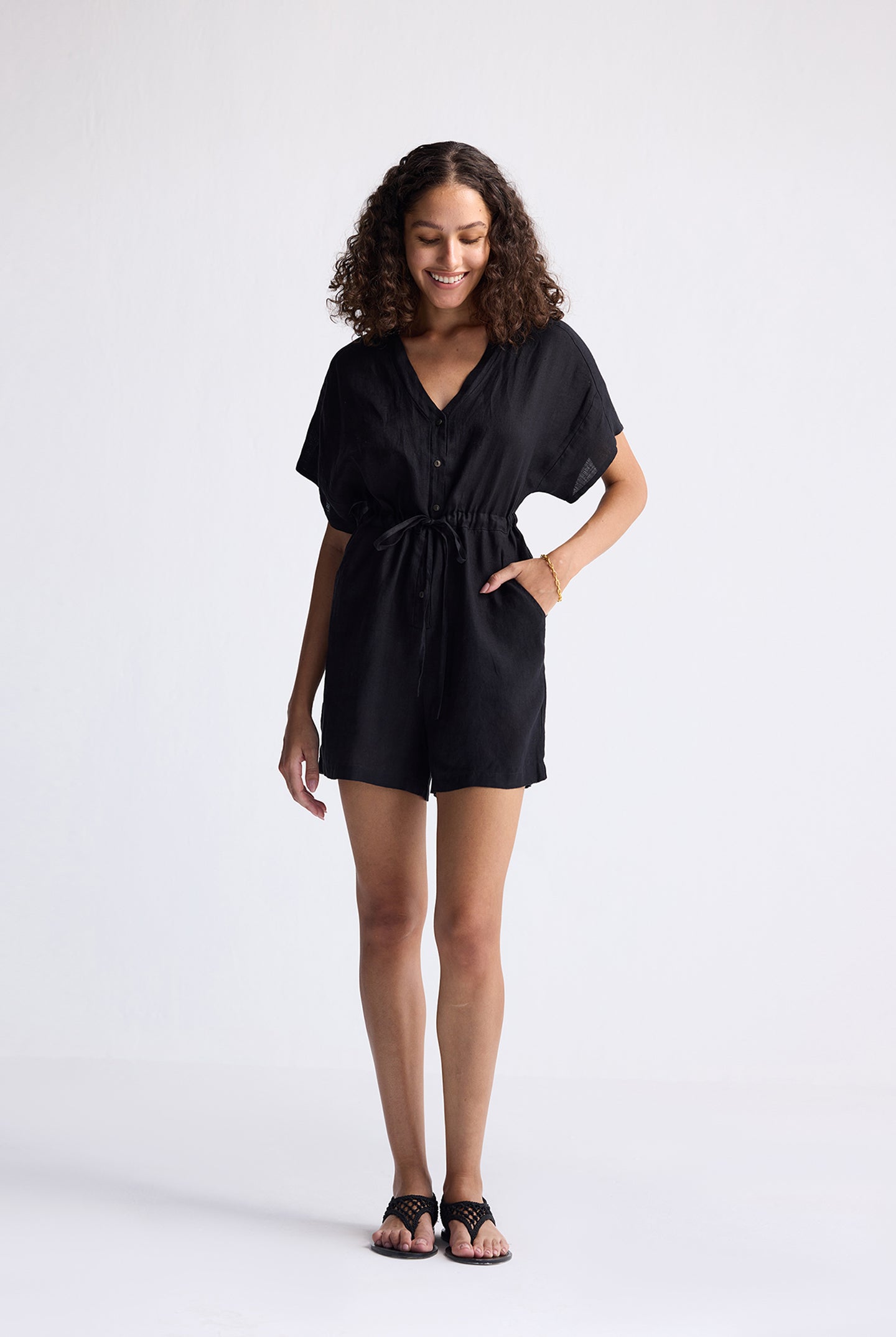 V neck Drawstring Romper in Black Long Shot