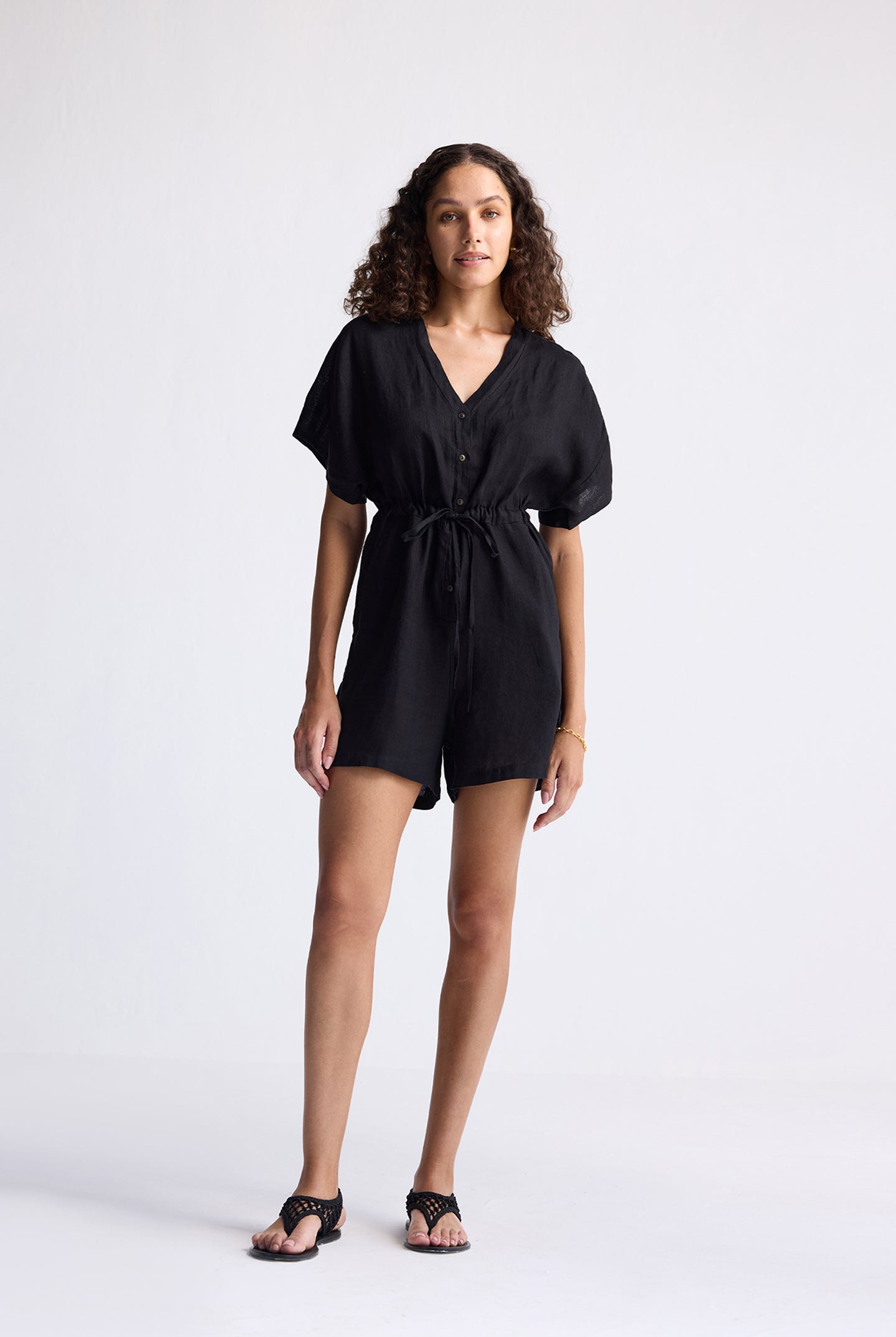 V neck Drawstring Romper in Black Longshot