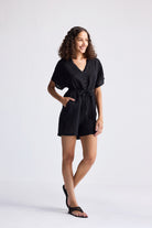 V neck Drawstring Romper in Black Long Shot