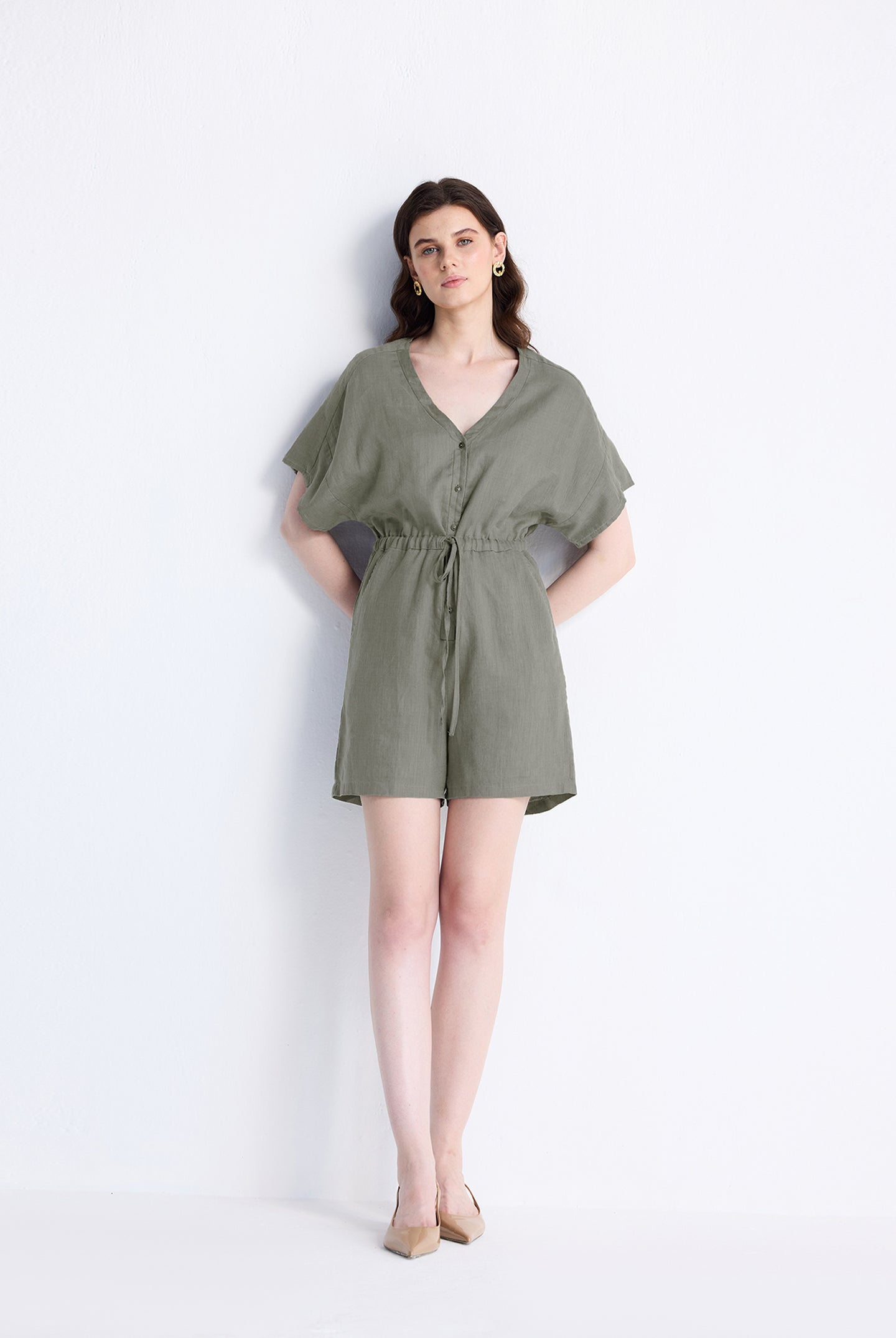 V neck Drawstring Romper in Dark Green Long Shot
