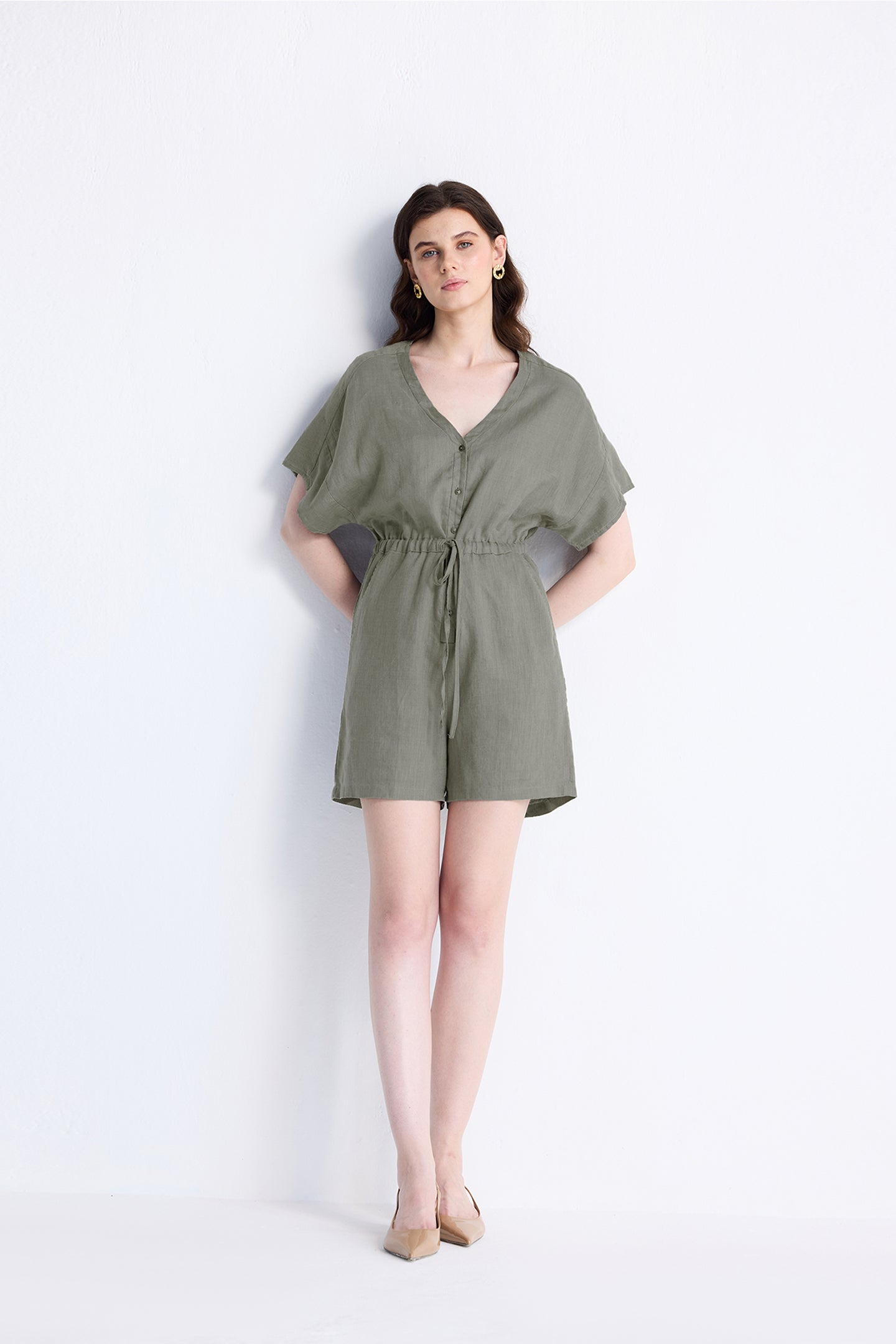 V neck Drawstring Romper in Dark Green Long Shot