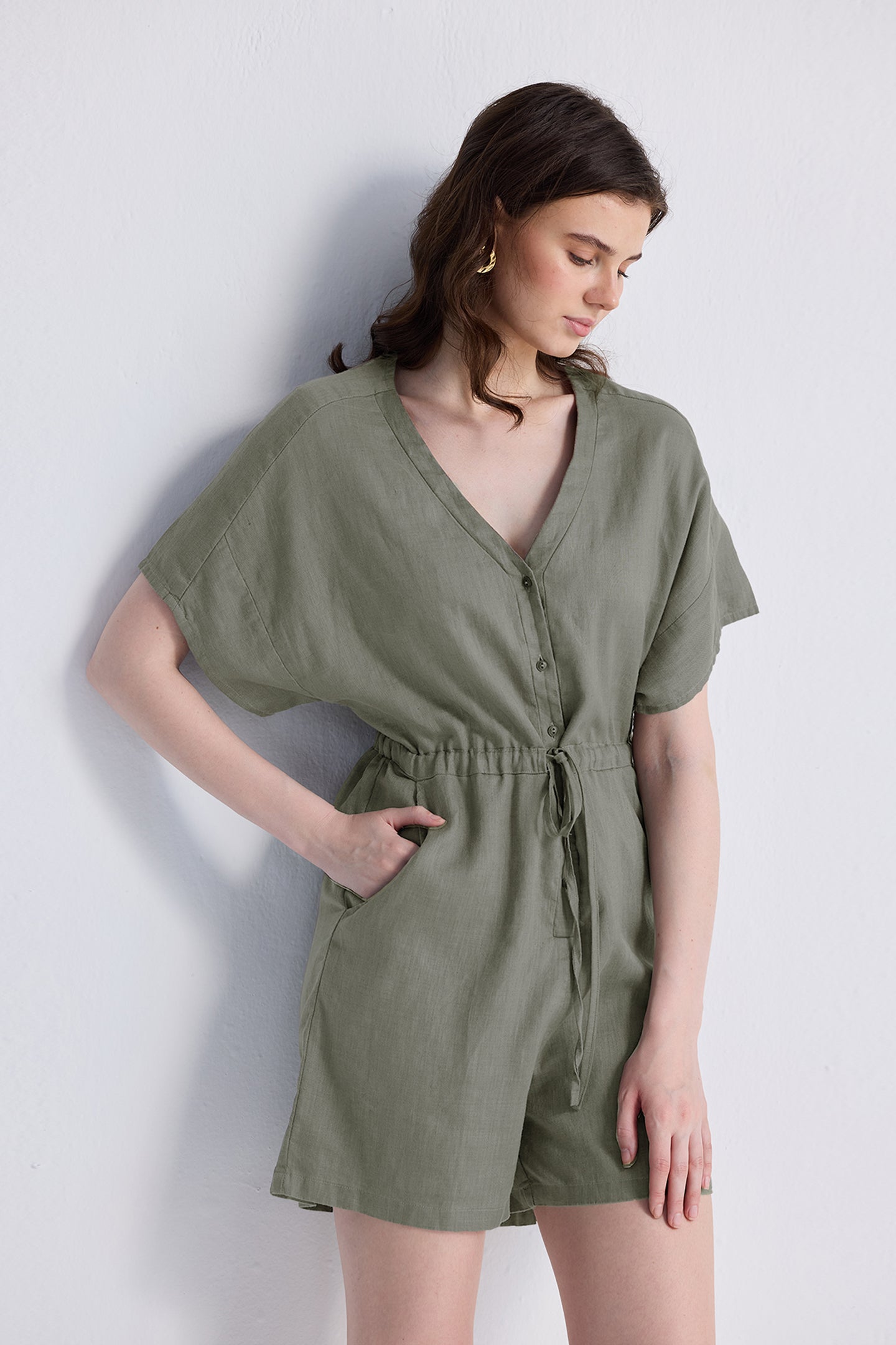 V neck Drawstring Romper in Dark Green Medium Shot