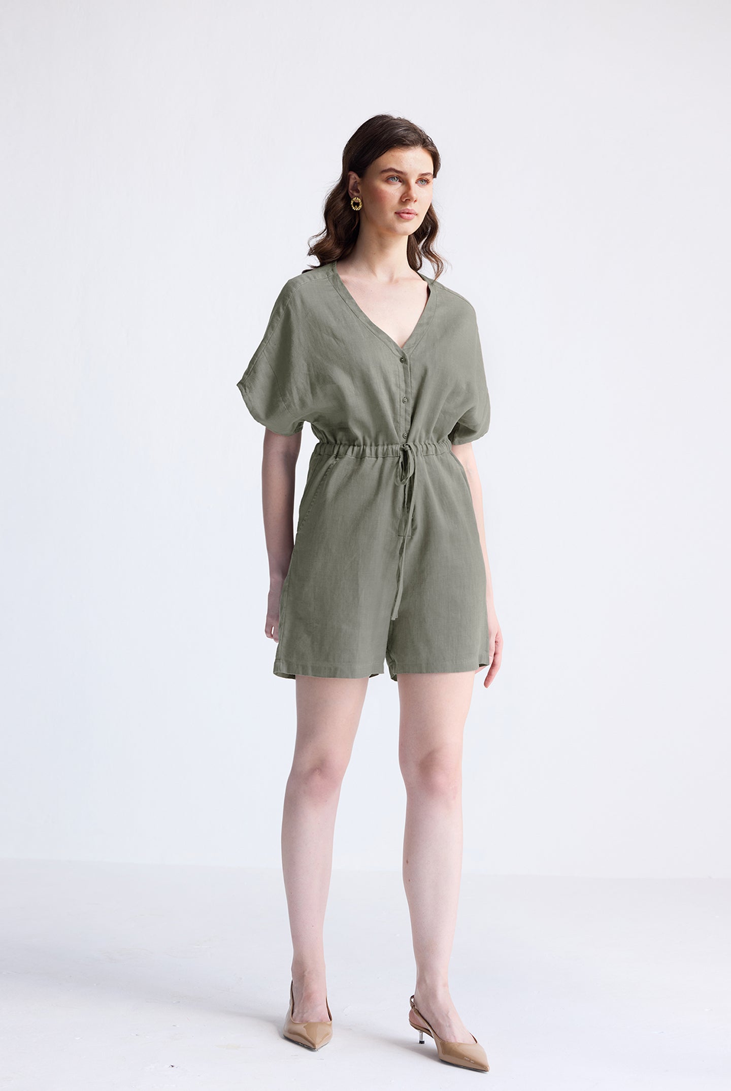 V neck Drawstring Romper in Dark Green Long Shot